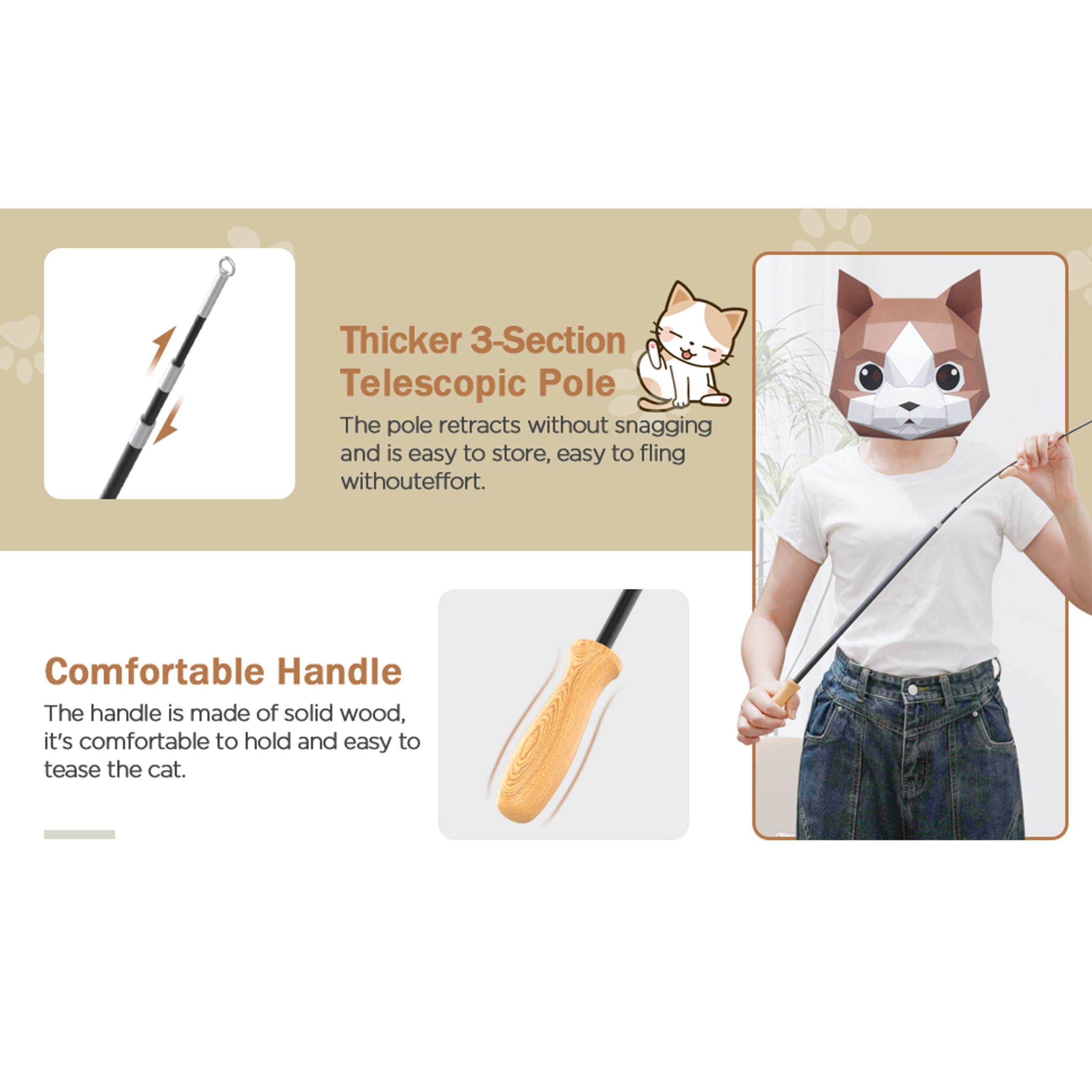 Cat Teaser Wand Toys, Interactive Bird Toys for Indoor Kittens, 42.15’’ Long Cat Fishing Pole Toys, 2Pcs Wires and 5Pcs Natural Refills, Sustainable Wooden Handles, Exercising, Playing