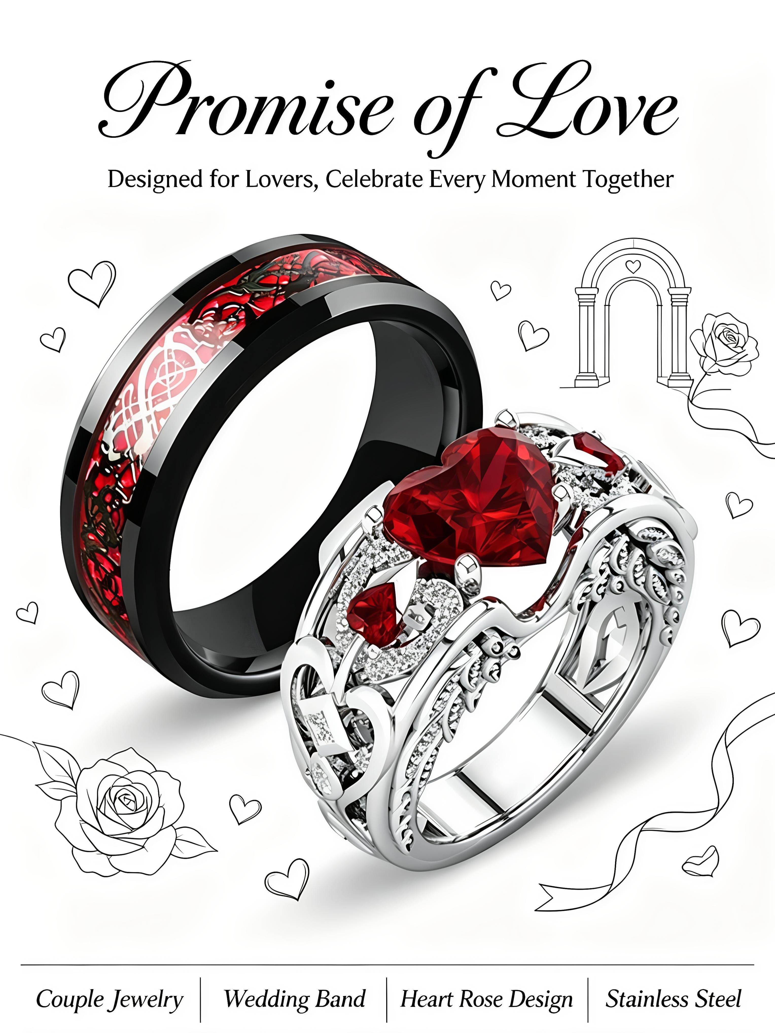 Couple Rings, Fashion Elegant Heart Design Rings for Lovers, Beautiful Rings, Stainless Steel Rings, Couples Ring, Jewelry, Wedding Bands