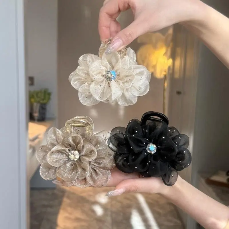 Women's Fashion Mesh Floral Hair Claw Clips Set of 3 - Sparkling Rhinestone Flower Jaw Clips, Elegant Mesh Fabric Accessories for Party Wear, Wedding Daily Use