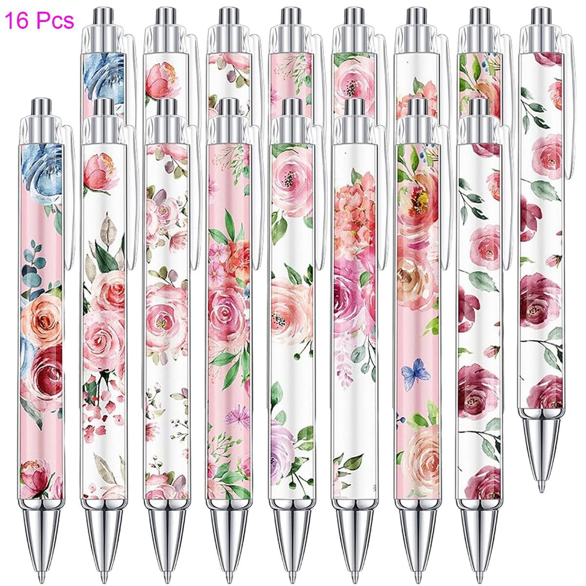 8/16/24 Pieces Flower Ballpoint Pens Bulk, Spring Floral Pens, Colorful Floral Retractable Black Ink for Women, Spring Flower Writing Journaling Gifts Office Supplies