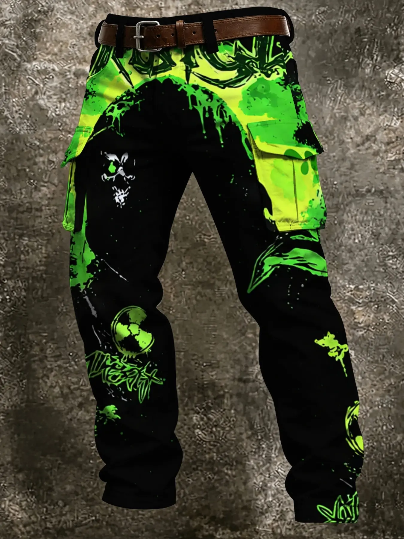 Men's Base Fluorescent Radiation Symbol Graffiti Work Pants, Multi-Pocket Functional Pants, Streetwear Straight Leg Jeans, Trouser