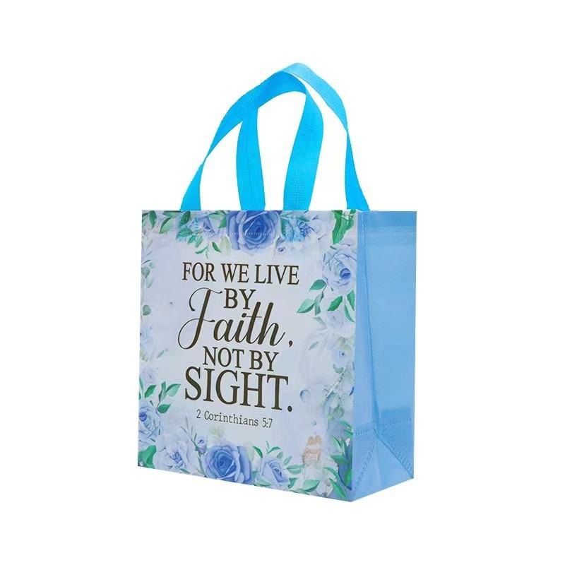 32 Bible Verse Gift Bags, Reusable Non-Woven Christian Gift Bags with Handles, Inspirational Floral Design, Blue