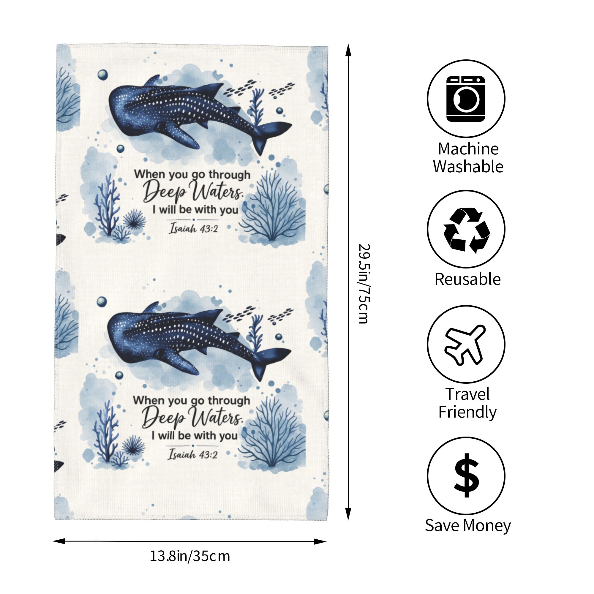 Fluffy Personal Customizable Whale-Themed Microfiber Hand Towel - 300g Polyester Soft Absorbent Bathroom Towel, Isaiah 43:2 Inspirational Quote Print, Multi-Use Small Plush Face Cloth for Home, Travel & Gift