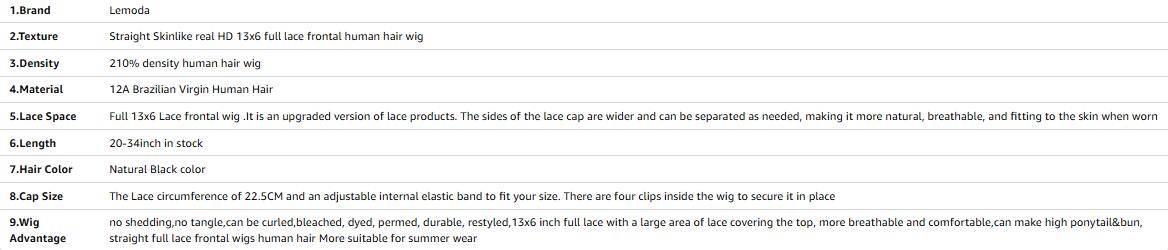 Lemoda 210% Density Full 13x6 SKINLIKE Real HD Lace Frontal Wigs Straight 13x6 Full Lace Frontal Virgin Human Hair Wigs Invisible 0.1mm Ultra-thin Knots Frayed Ends Lace Wig