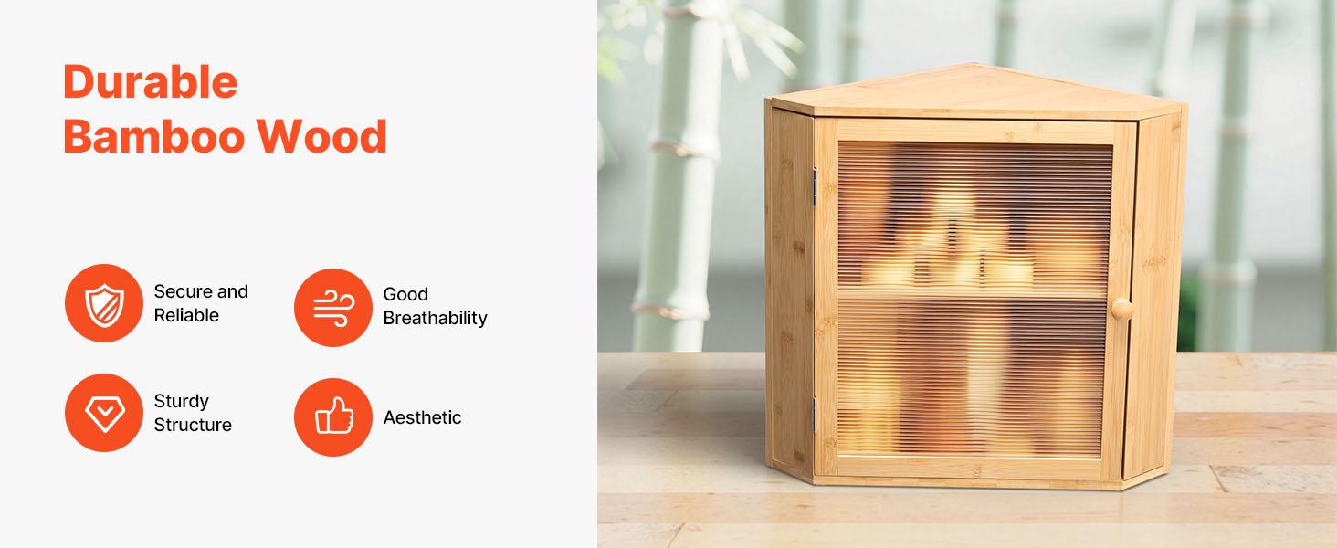 VEVOR Corner Bread Box for Kitchen Counter, Double Layer Large Capacity Bamboo Bread Storage Container, Farmhouse Wooden Breadbox for Homemade Bread, Storage Holder Bin with Acrylic Wavy Door, Natural