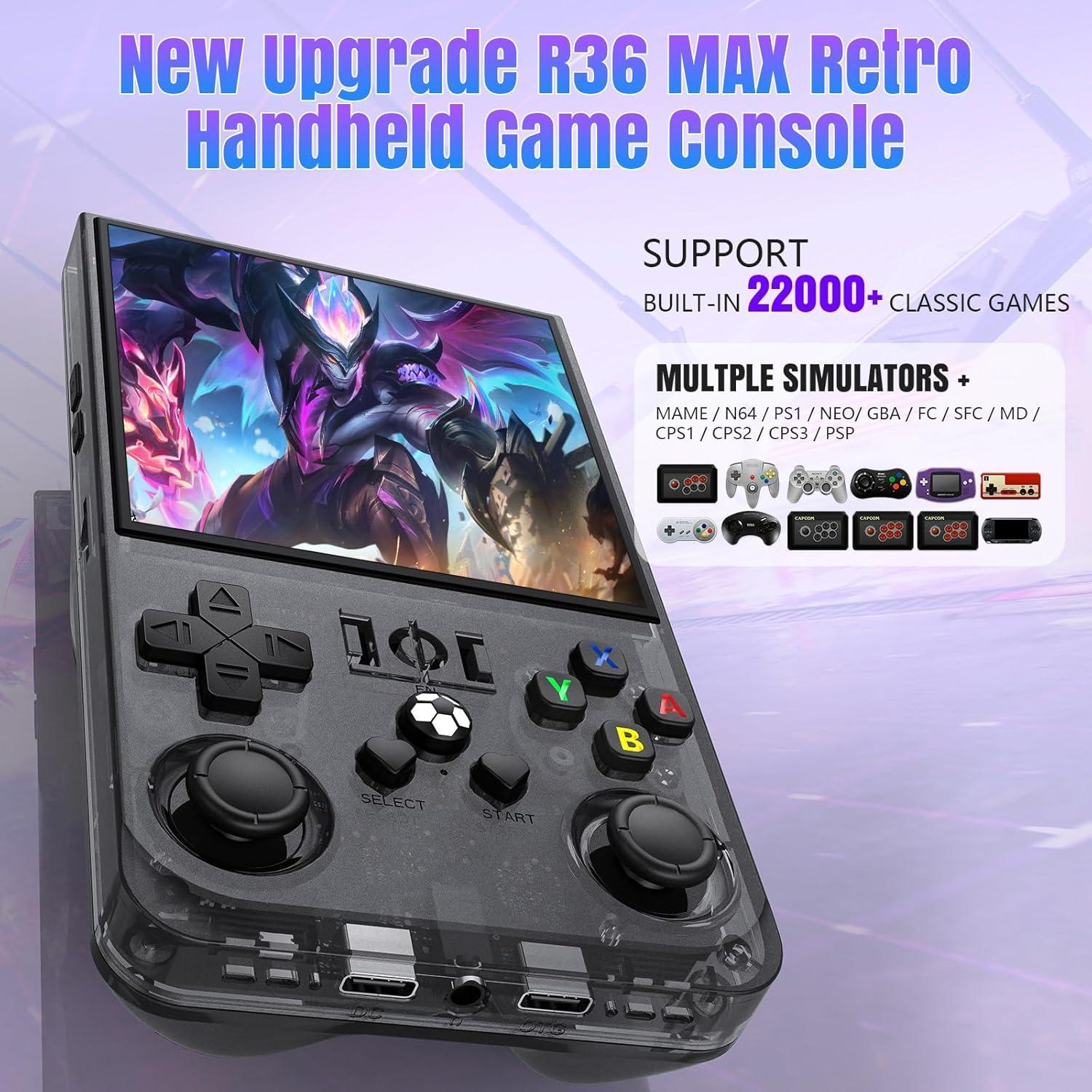 R36max Retro Handheld Game Console, 64GB Storage, 22000+ Classic Games, Portable Open Source Linux System, 4K HD Screen Video Player, Gaming Console