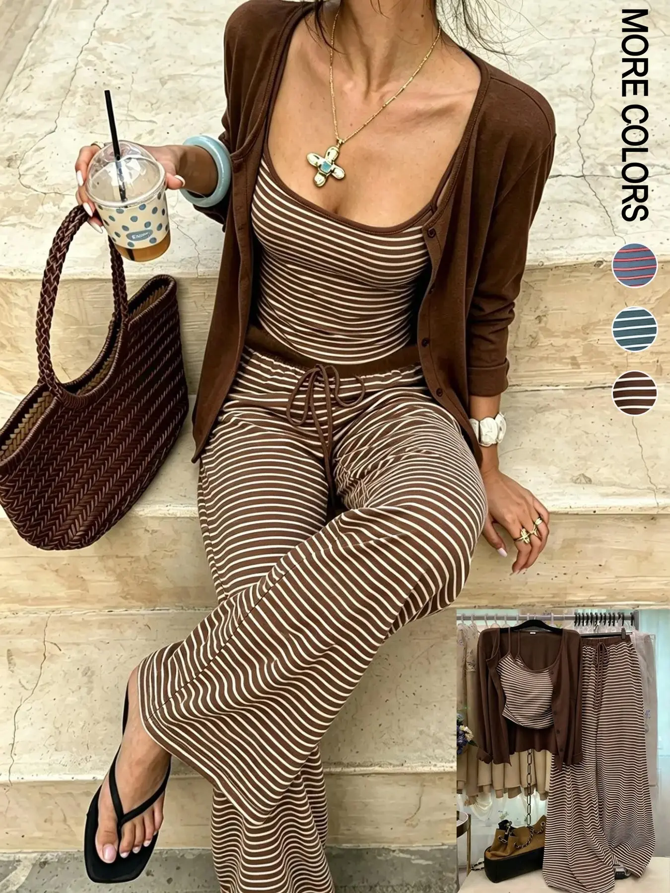 Women's Early Autumn Striped Knitted 3-Piece Set, Includes solid long-sleeve cardigan, striped cami top & high-waisted wide-leg trousers. Perfect for daily outings and casual loungewear looks.