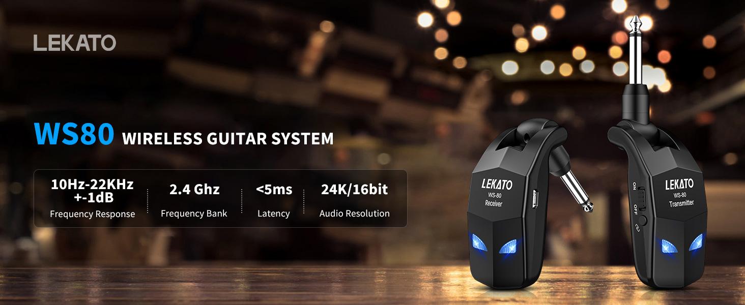 LEKATO WS-80 Wireless Guitar System 2.4Ghz, Audio Wireless Transmitter Receiver with 4 Channels for Electric Guitar and Bass, Rechargeable Guitar Wireless Transmitter and Receiver, for Electric Instruments
