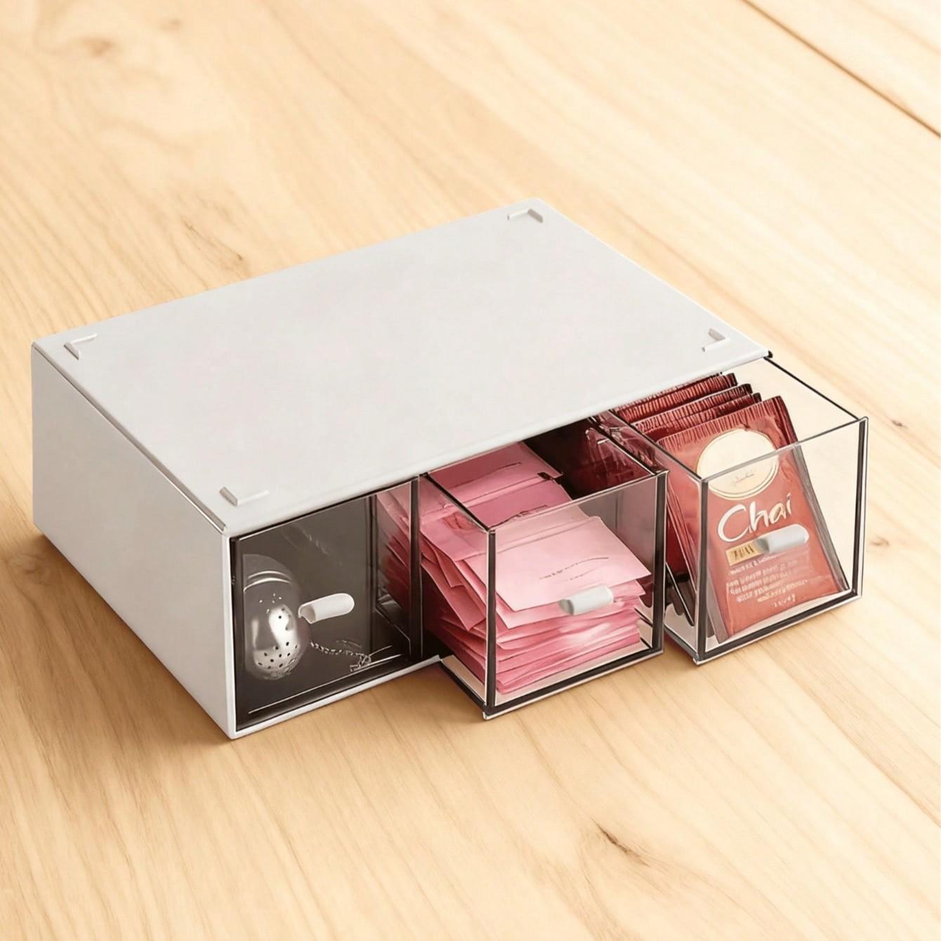 3 Layer Tea Bag Storage Box, Multi-Compartment Plastic Organizer, Multi Compartment Design, Dustproof Drawer Box for Coffee Capsules, Kitchen & Office Use, Kitchen Home Storage, Multilayer Storage