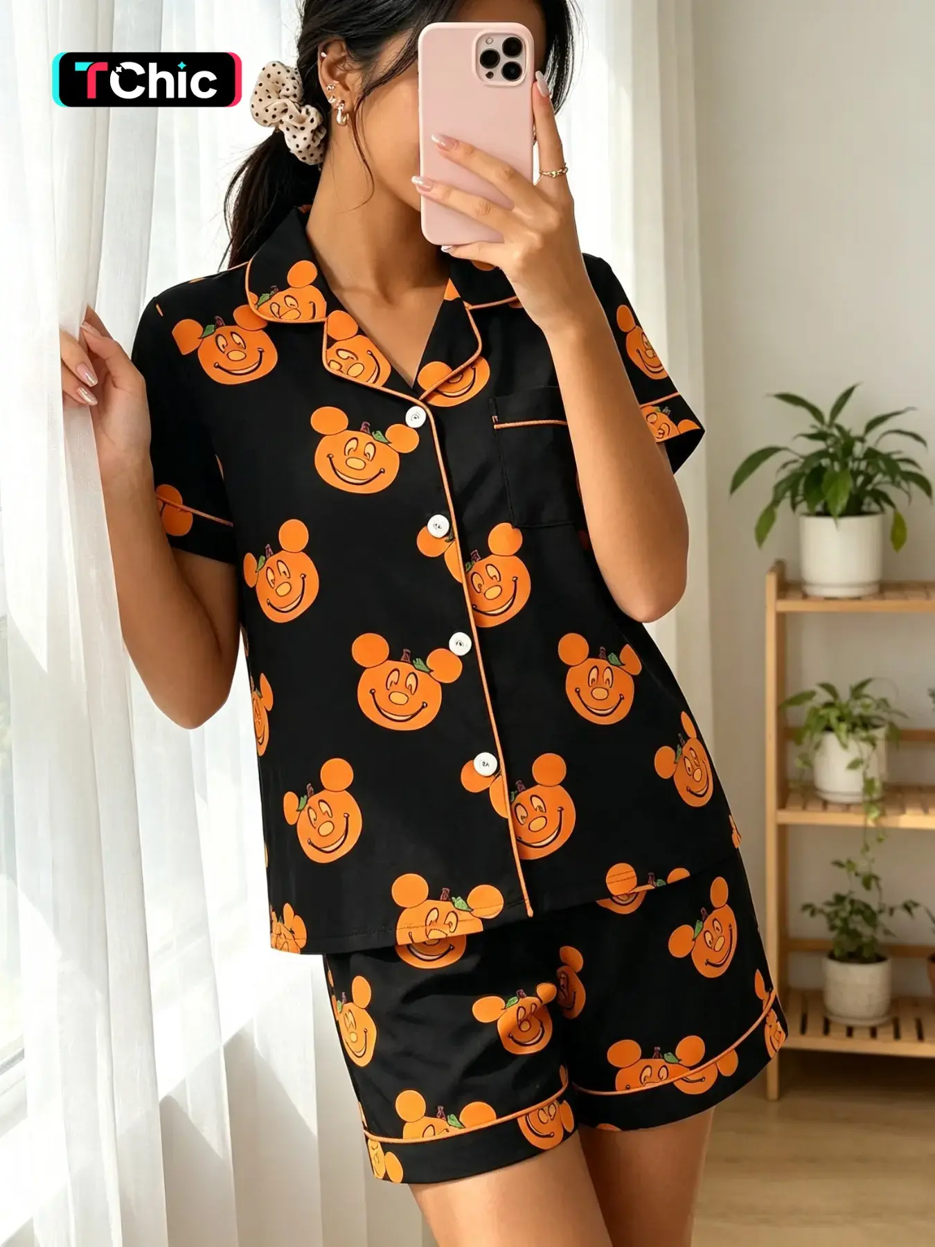 Women's Short Sleeve Pajama Set, Halloween Pumpkin Head Theme, Casual Fitted Sleepwear, All Seasons, 2-Piece Home Wear, Funny Pajamas
