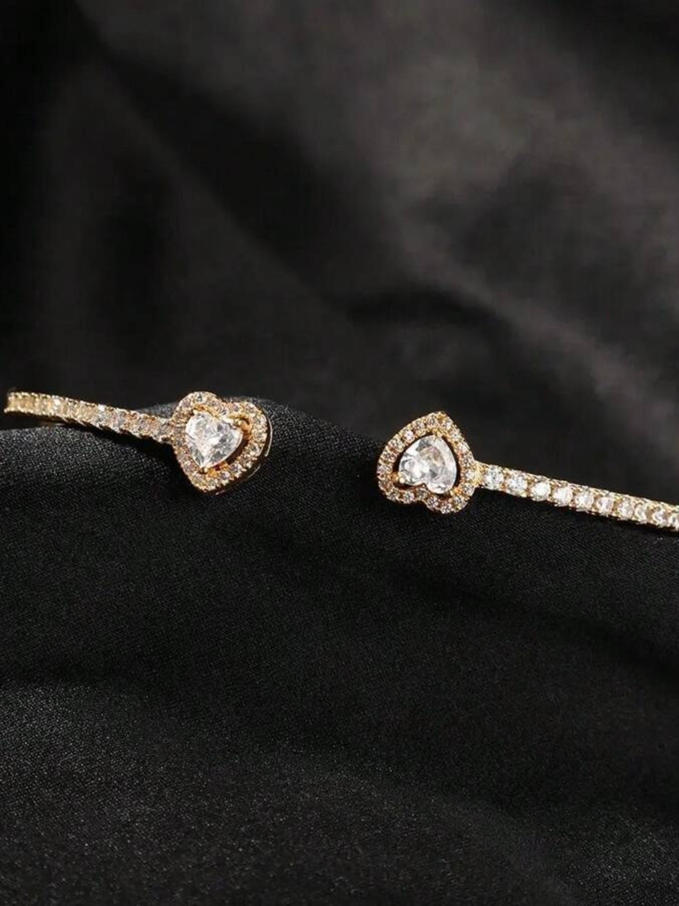 Women's 3pc Stainless Steel & 18k Heart Rhinestone Bangle Bracelet Set, Copper Inlay Artistic Design, Ideal for Daily Wear