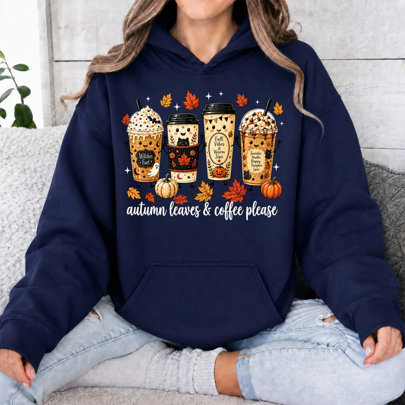 Women’s Autumn Coffee Graphic Hoodie, Cute Pumpkin Maple Leaf & Cozy Drink Print Pullover Sweatshirt, Long Sleeve Fall Top with Front Pocket, Casual Seasonal Hoodie for Coffee Runs, Weekend Wear, Fall Trips & Daily Outfits