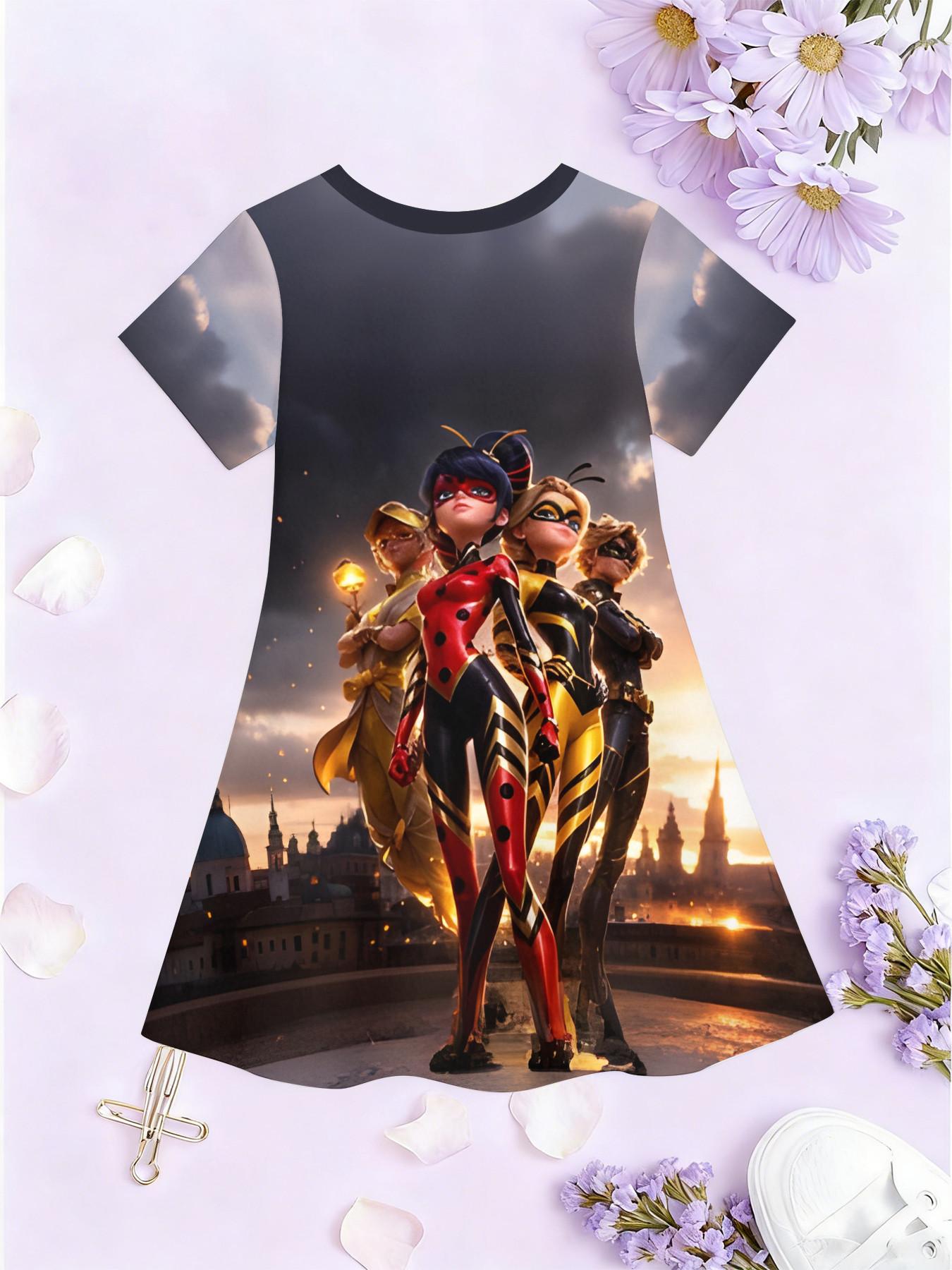 Girls' 3D Short Sleeve Dress, Miraculous Ladybug Full Print, Perfect for Parties, Festive Gifts, Birthday Presents, Casual Style