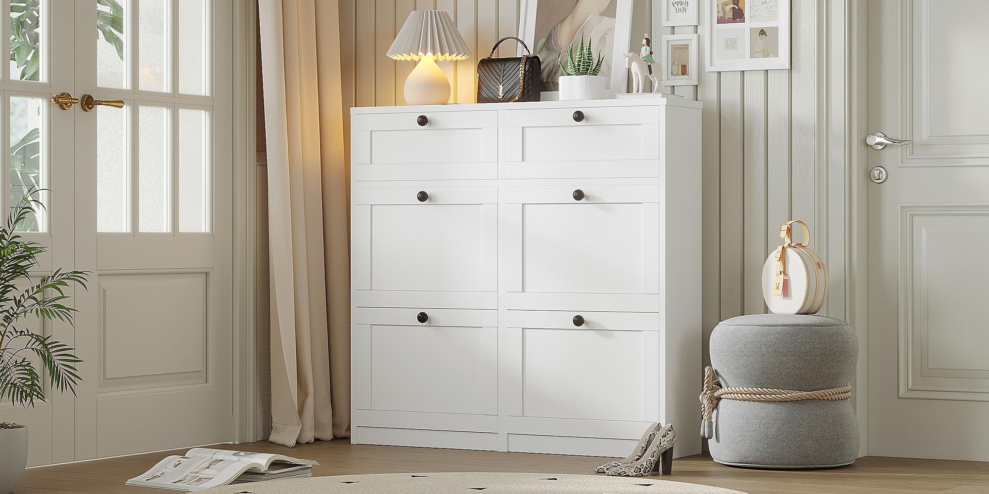 VOWNER Shoe Cabinet with 4 Flip Drawers & 2 Drawers, Freestanding Shoe Storage Cabinet with Adjustable Shelves, Shoe Organizer for Entryway, Hallway, Living Room, White VOWNER Shoe Cabinet with 4 Flip Drawers & 2 Drawers, Freestanding Shoe Storage Cabinet with Adjustable Shelves, Shoe Organizer for Entryway, Hallway, Living Room, White