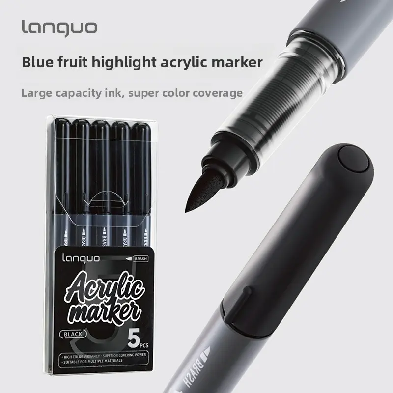 5pcs Metallic Acrylic Marker Pens, Soft Brush Tip 1-4mm, Silver Color, Waterproof Permanent Ink for Crafts