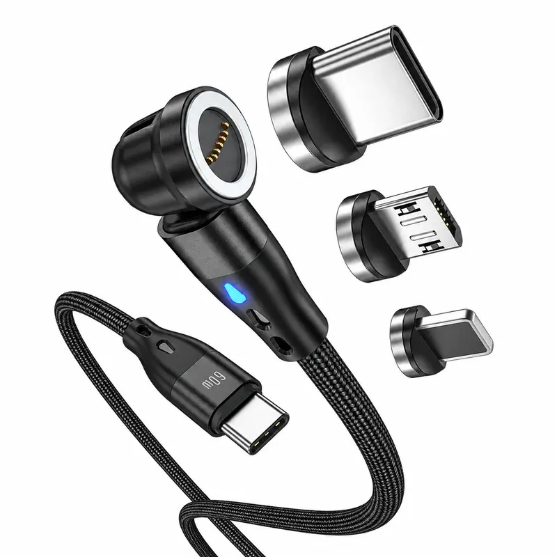 60w 3a Super Fast Charging Cable, 540° Rotating Magnetic Charger, Supports 3a Fast Charge & 480mbps Data Transfer, Nylon Braided, Micro USB/Type-C/iPhone