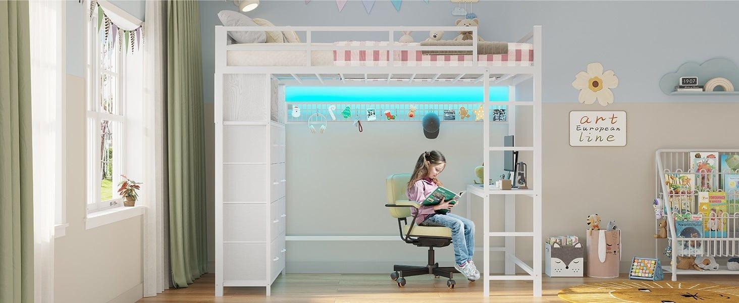 Sikaic Twin Size Loft Bed with Desk and 8 Storage Drawers Metal Loft Bed with LED Lights & Charging Sation, Storage Shelves, 13.1" H Safety Guard & Ladder Bedroom Bedframe Bedroom Furniture