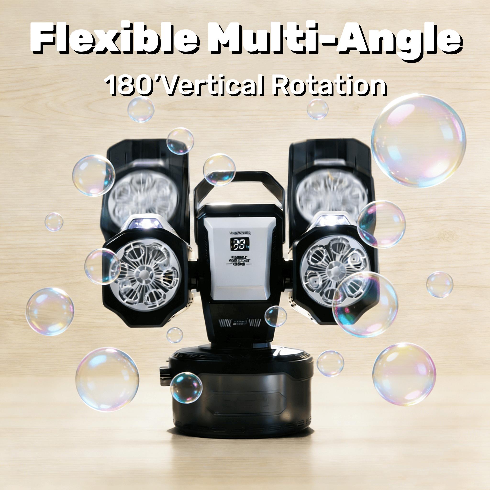 Dual Head Remote Bubble Machine, RGB Atmosphere Light, Rechargeable, 360° Auto Rotation, 30000 Bubbles Per Minute, Wedding Party Outdoor Use