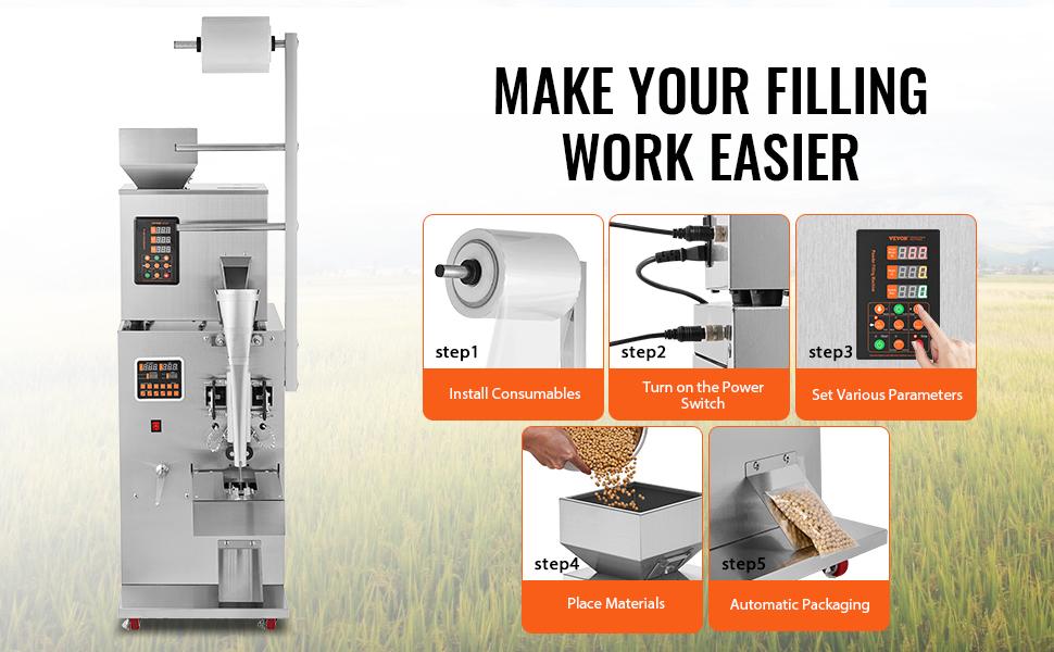 VEVOR Automatic Particle Packaging Machine, 0.002-0.22lbs/1-100g, Multi-Function Pouch Powder Sachet Weighting Filling Packing Machine, Powder Filler Machine for Tea Seeds Grains Flour Beans Glitter VEVOR Automatic Particle Packaging Machine, 0.002-0.22lbs/1-100g, Multi-Function Pouch Powder Sachet Weighting Filling Packing Machine, Powder Filler Machine for Tea Seeds Grains Flour Beans Glitter