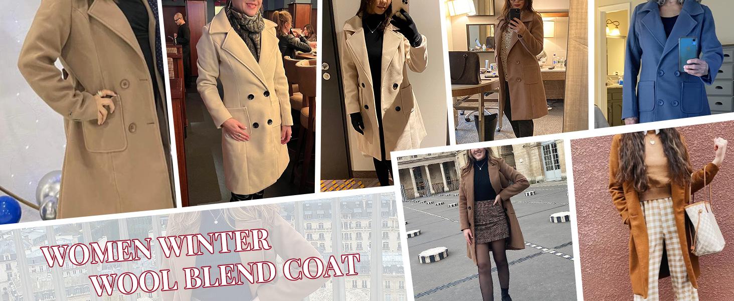 UANEO Women Winter Wool Blend Camel Mid-Long Coat Notch Double-Breasted Lapel Jacket Outwear