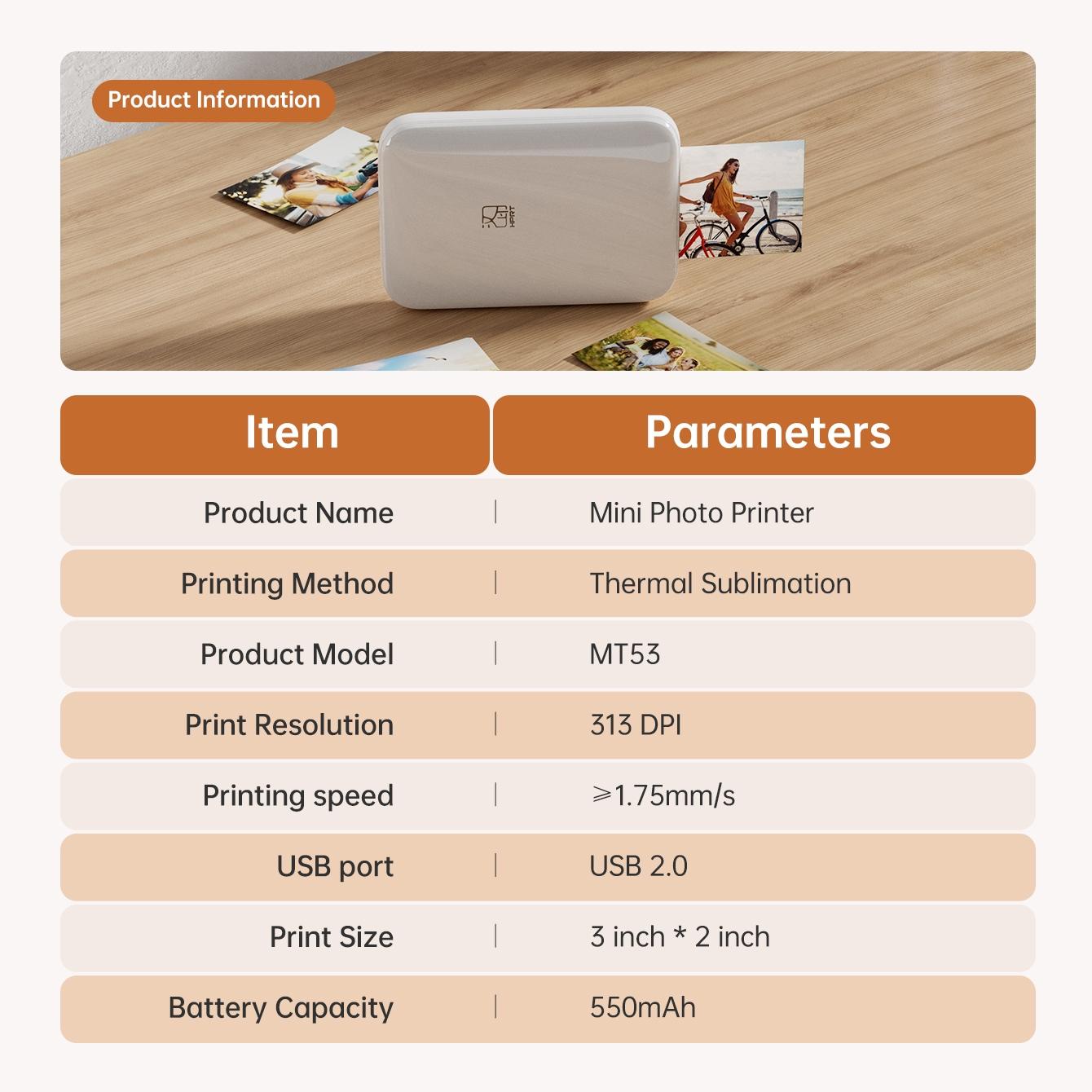 MT53 Mini Bluetooth Photo Printer, Smartphone Photo Printer, Portable Wireless 2x3 Inch Sticker Printer, Instant Color Photos, Compatible with iPhone & Android – Perfect Gift Ideal