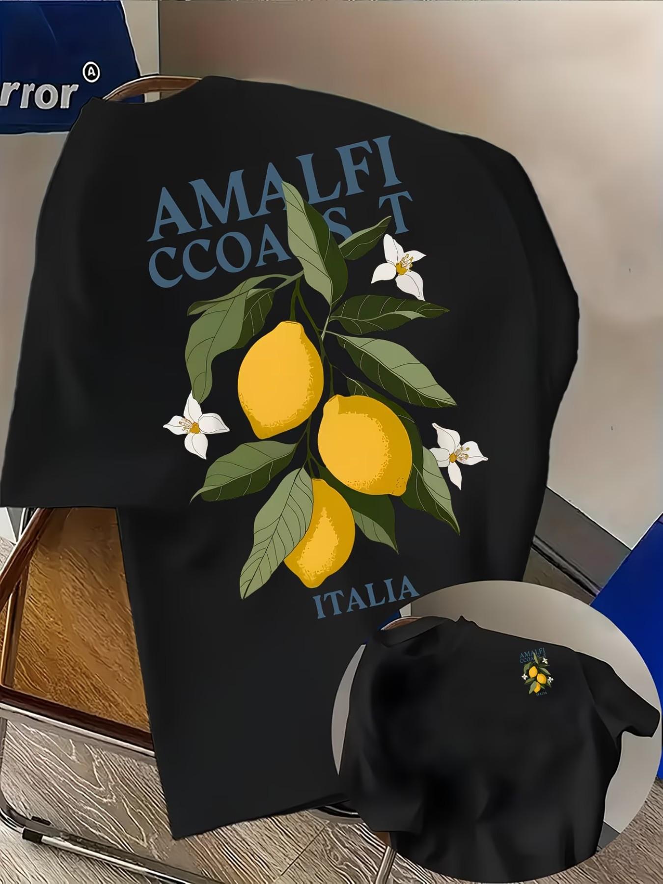 Men's Casual Amalfi Coast Lemon Print T-Shirt, Fashion Double-Sided Print, Lightweight Elastic, Regular Fit, Summer Streetwear