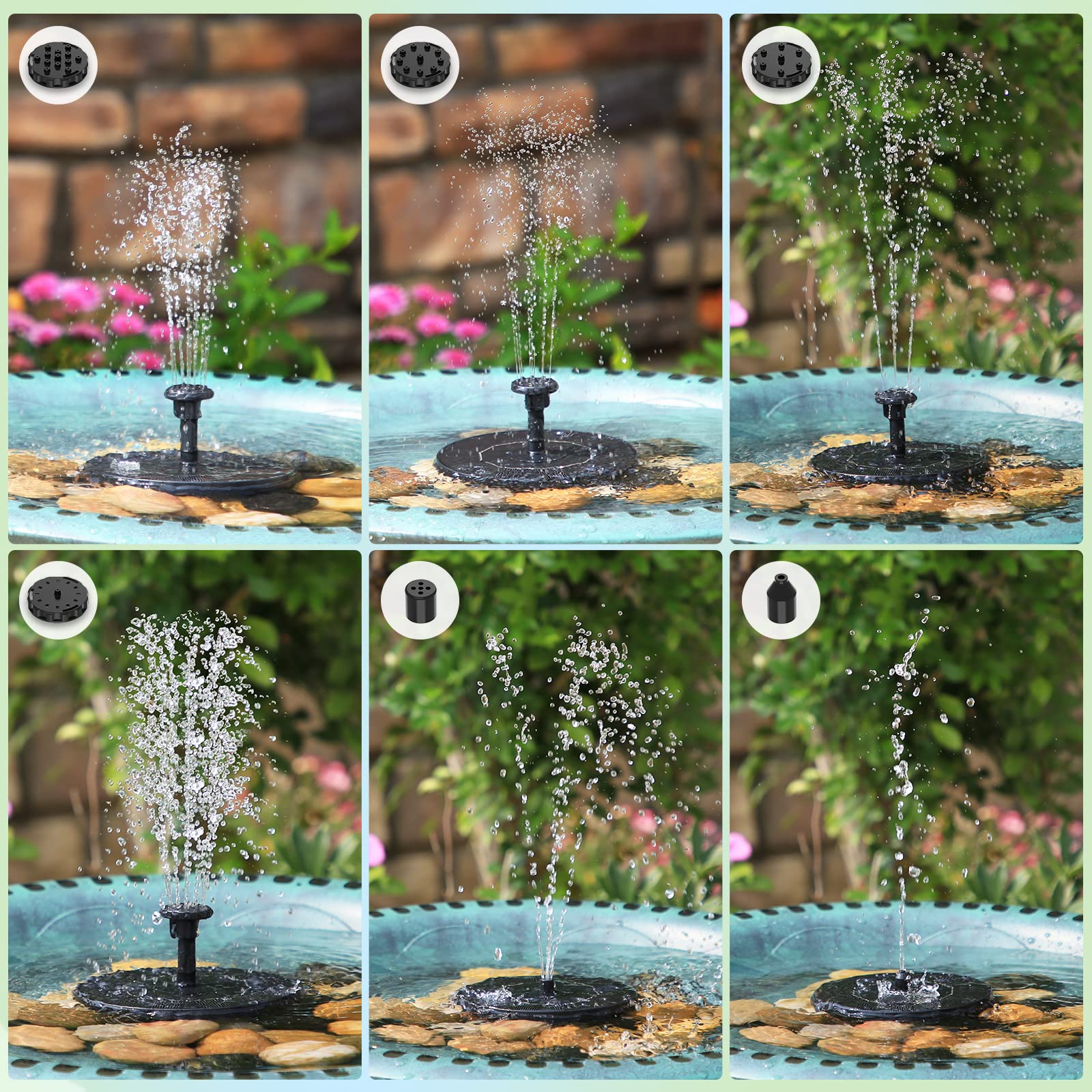 AISITIN Solar Bird Bath Fountain Pump, 1.5W Solar Bird Bath Fountain Pump with 6 Nozzles, Solar Fountain Pump for Garden, Pond, Swimming Pool, Fish Tank and Outdoor Spray Water Feature