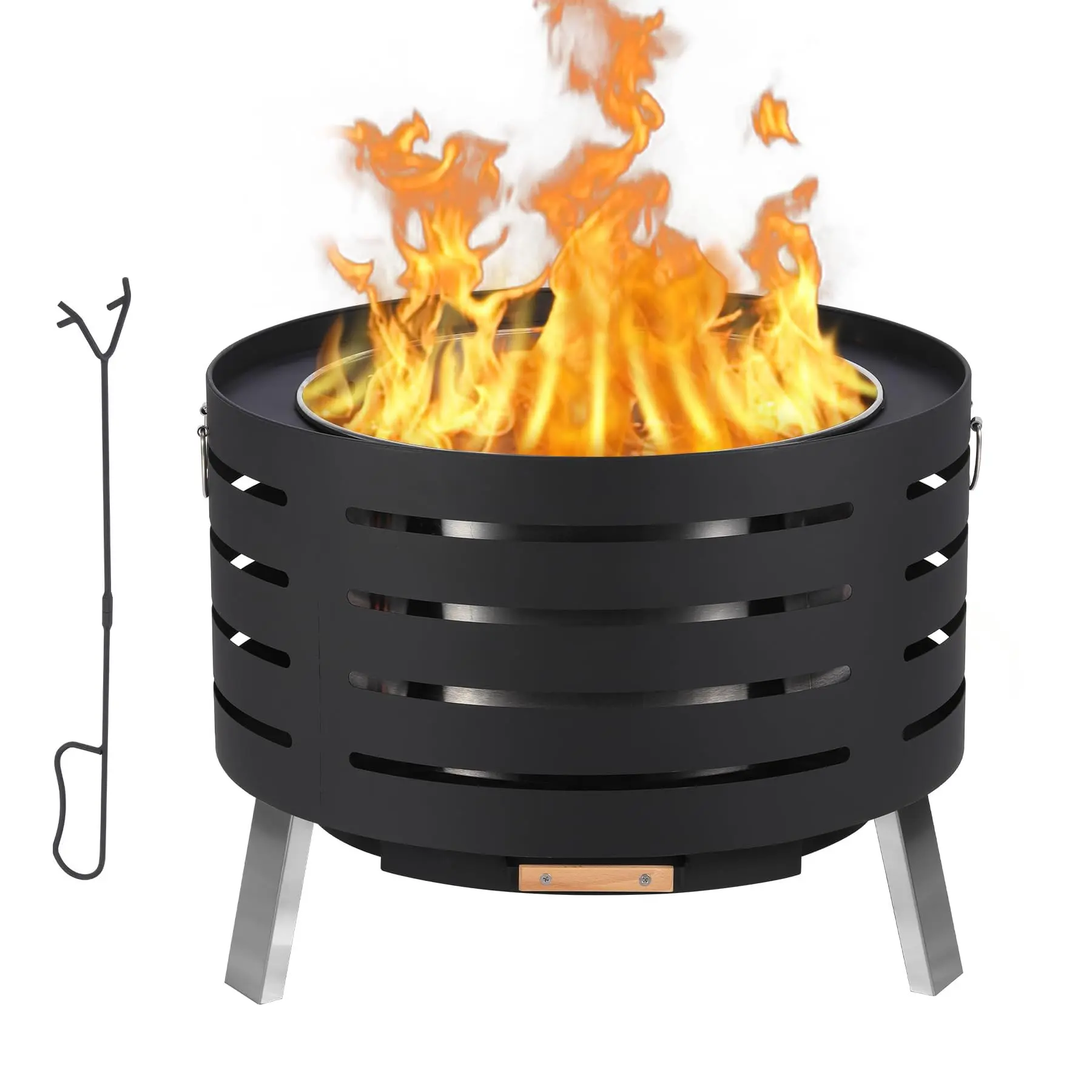 Smokeless Outdoor Fire Pit – 360° Airflow, Removable Ash Pan, Bamboo Lid, Rainproof Cover – Low Smoke Traditional Stove