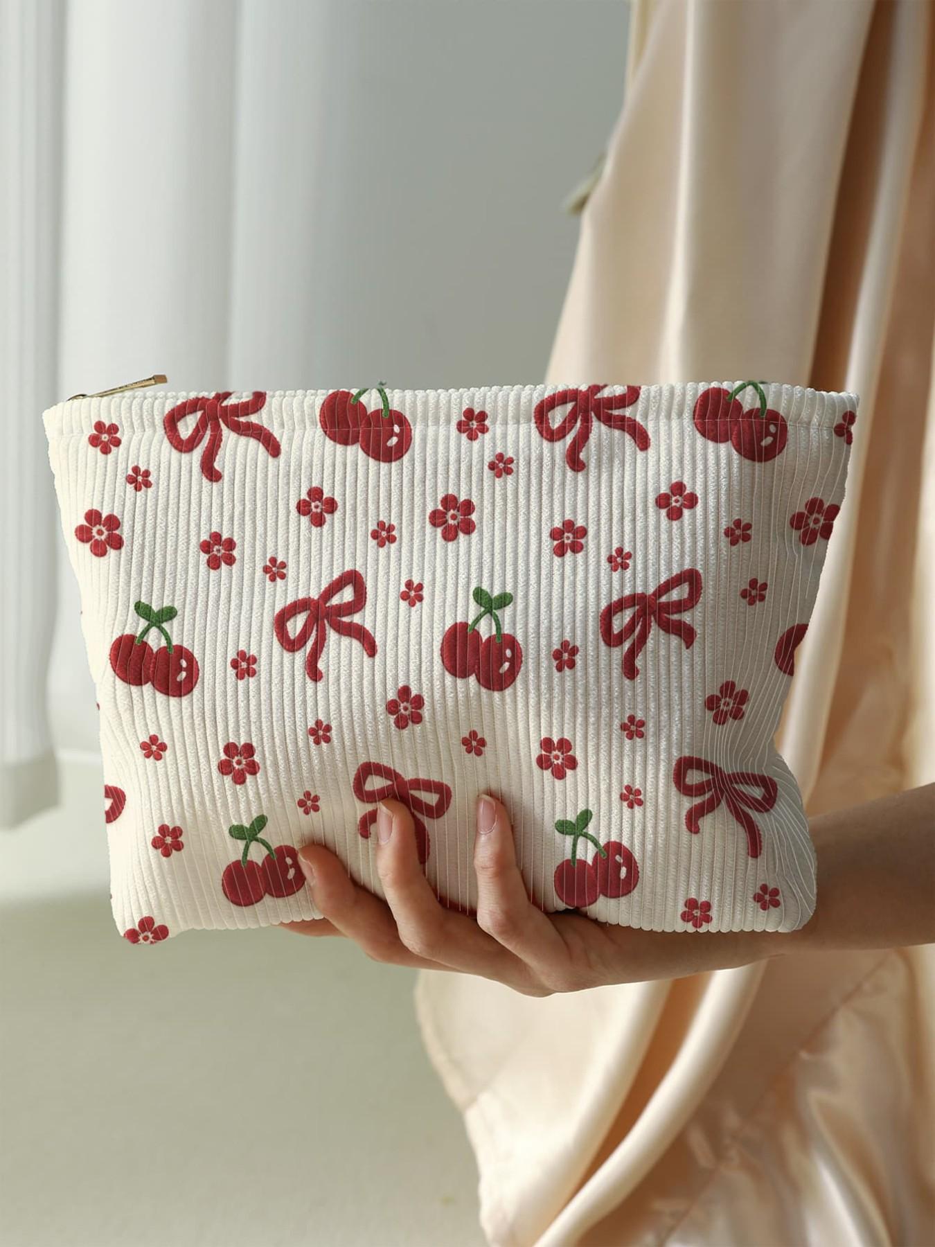 Cherry & Bow Pattern Makeup Bag, Lightweight Multi-functional Fashion Makeup Bag, Casual Travel Makeup Bag, Suitable for Leisure Travel and Various Occasions, Travel Cosmetic Bags, Makeup Pouch, Makeup Organizer Pouch, Travel Essentials, Travel Beauty Bag