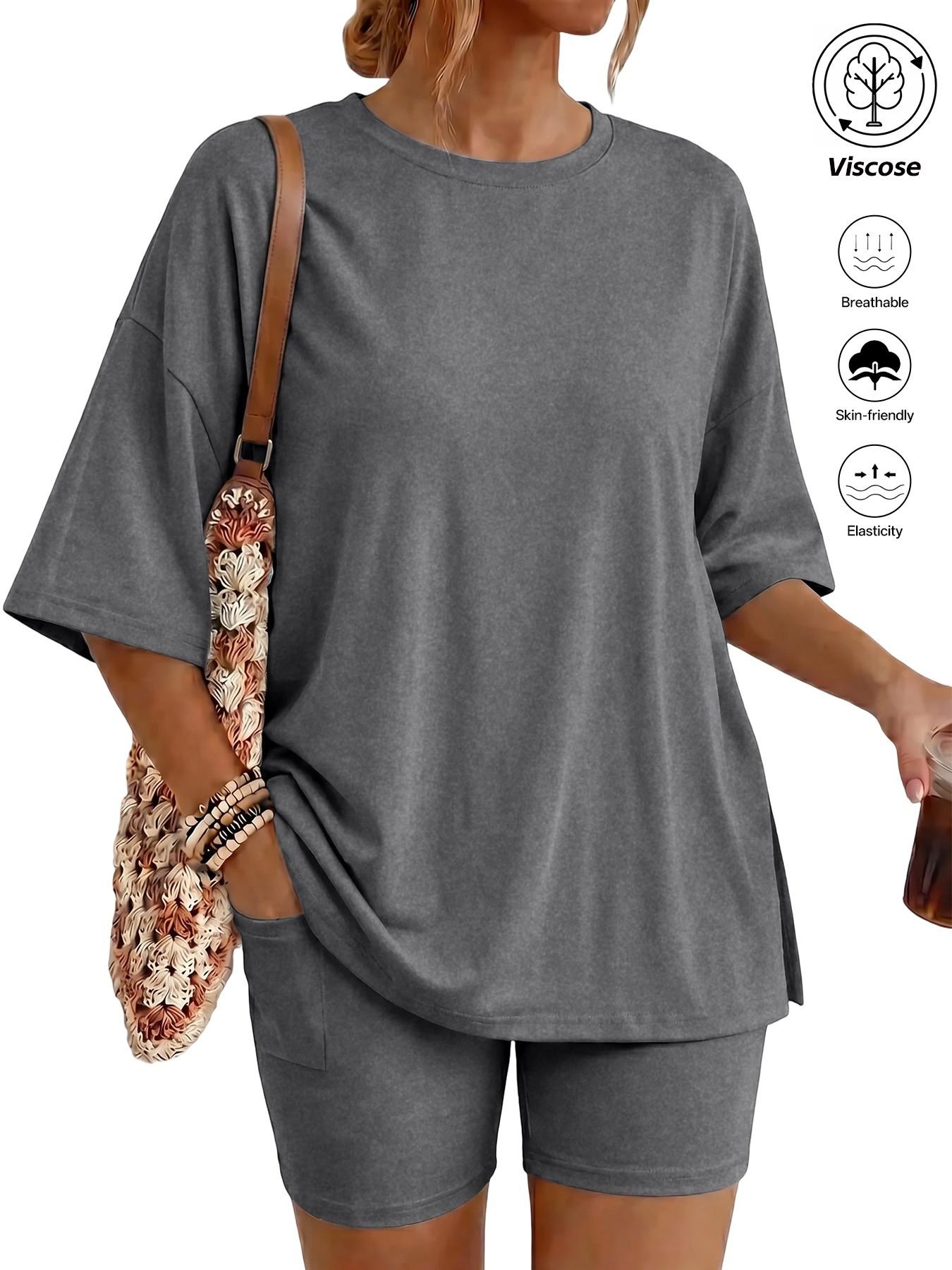 Women's Two Piece Lounge Set Matching, 2026 Summer Casual Basic Oversized Shirts & Biker Shorts, Fitted Plain Design, Perfect for Airport Travel Womenswear Clothes