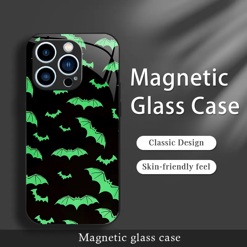 Halloween Magnetic Glass Phone Case for iPhone 14 Pro, Cute Spooky Bat Pumpkin Black Cat Case, Shockproof, Wireless Charging Compatible ---975