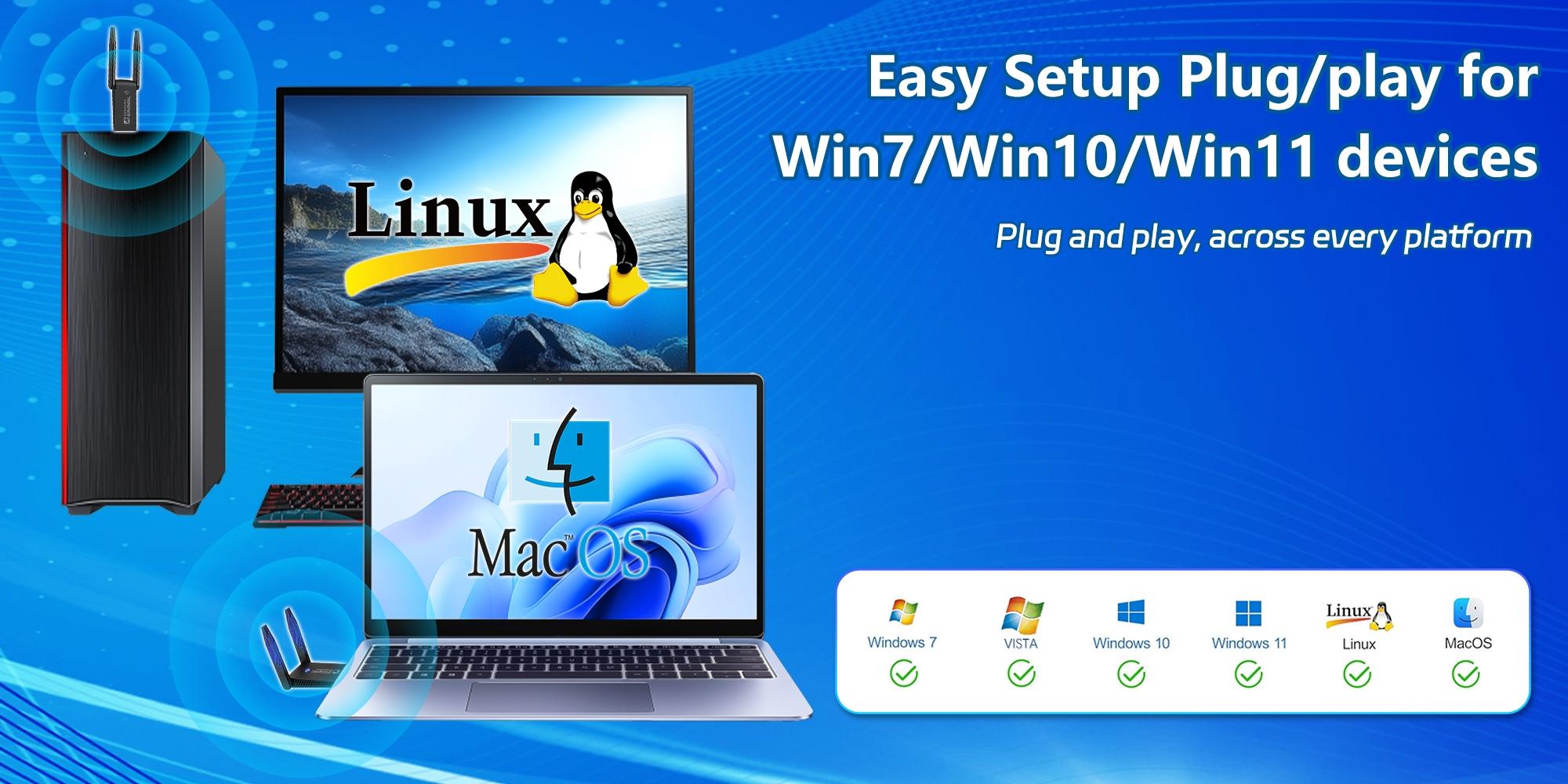 USB 3.0 Wireless Network Adapter, Plug-And-Play, Ac1300 WiFi 5 Dual Band, 2.4GHz & 5GHz, Wpa2 Encryption, Compatible with Windows/linux/macos