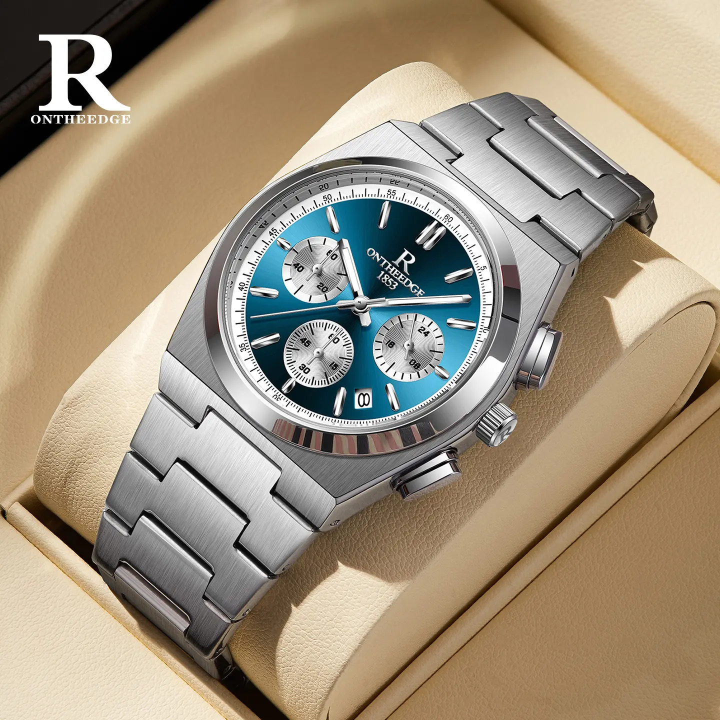 Men’s Luxury 43.3mm Circular Shape Male Watch - ONTHEEDGE Waterproof Luminous Quartz Chronograph Wristwatch with Vibrant Blue Dial, Stainless Steel Band, Calendar Display, Business Look for Daily Sport & Outdoor Use, Ideal Gift for Him