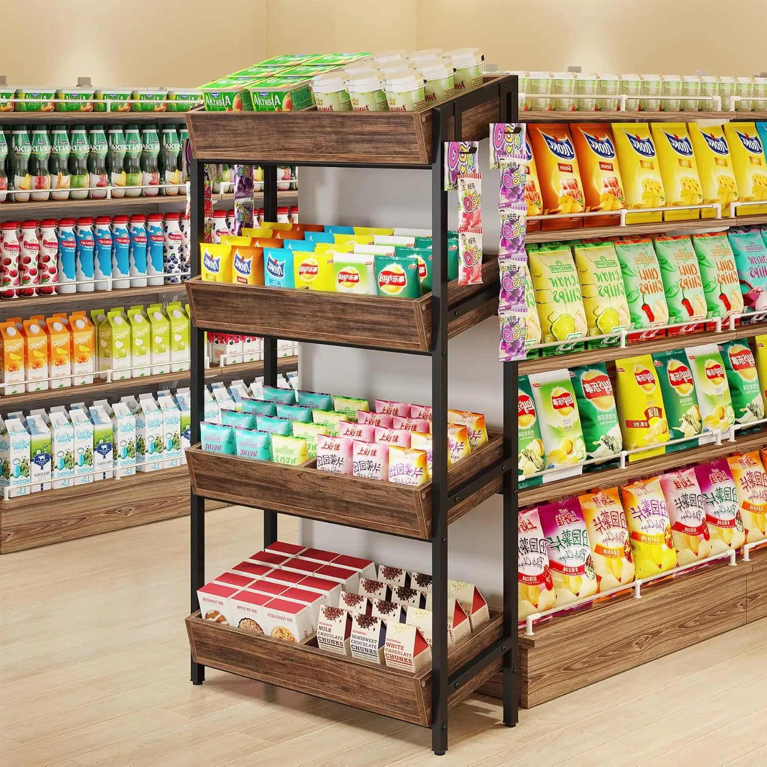 LustreC 4-Tier Retail Display Rack, Wooden Snack and Candy Stand, Heavy-Duty Wood and Metal Shelving for Boutiques, Cafes and Stores, Easy Assembly(1, Brown)
