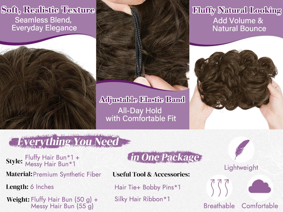 BARSDAR 2 PCS Messy Bun Hair Pieces - Elastic Brown Gray Messy Hair Bun Scrunchies Extensions for Women - Synthetic Thick Fluffy Updo Chignons Salt and Pepper Hairpieces Daily