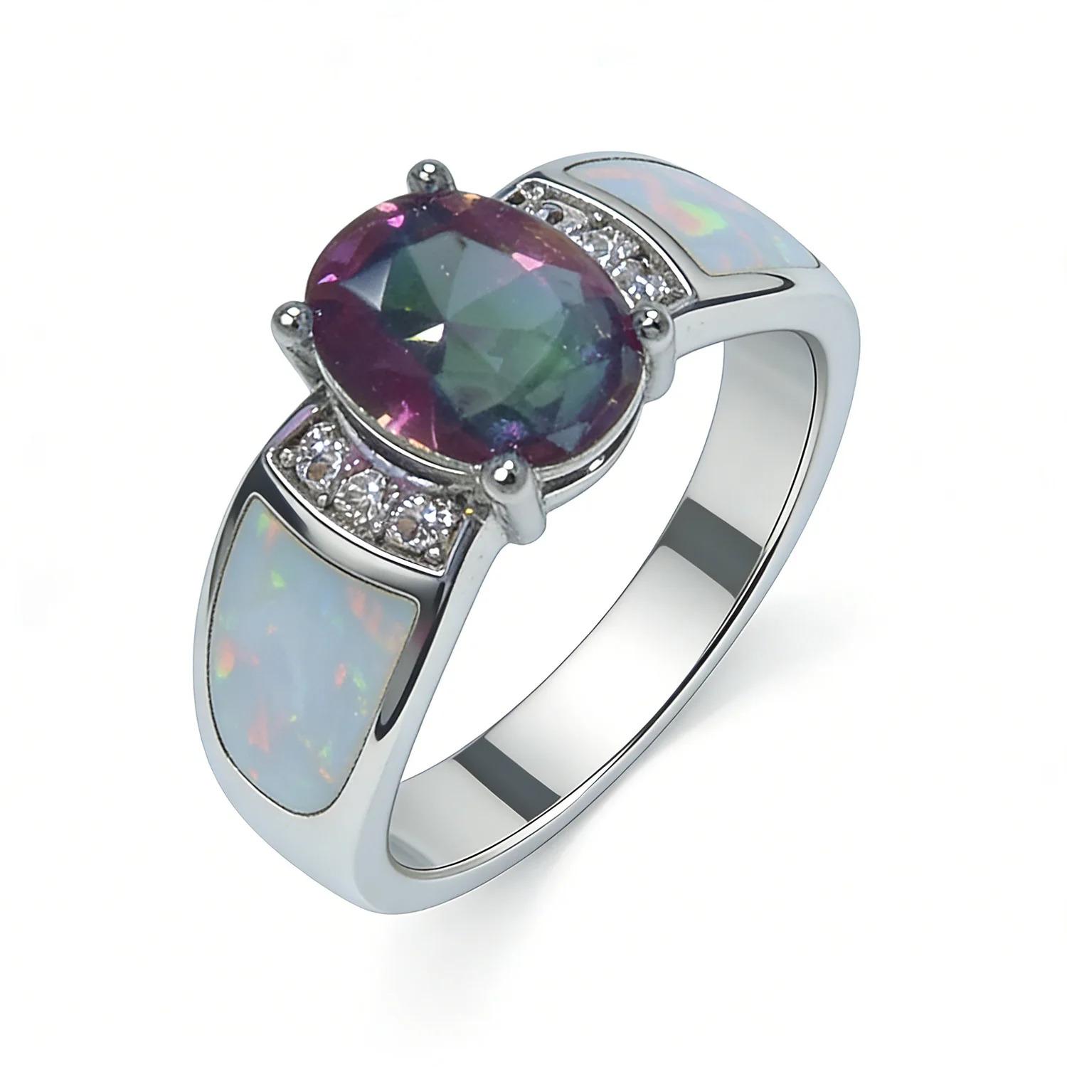 White K Plated Synthetic Fire Opal Colorful Zircon Fashion Jewelry For Women Cocktail Ring Anniversary Gifts for Her