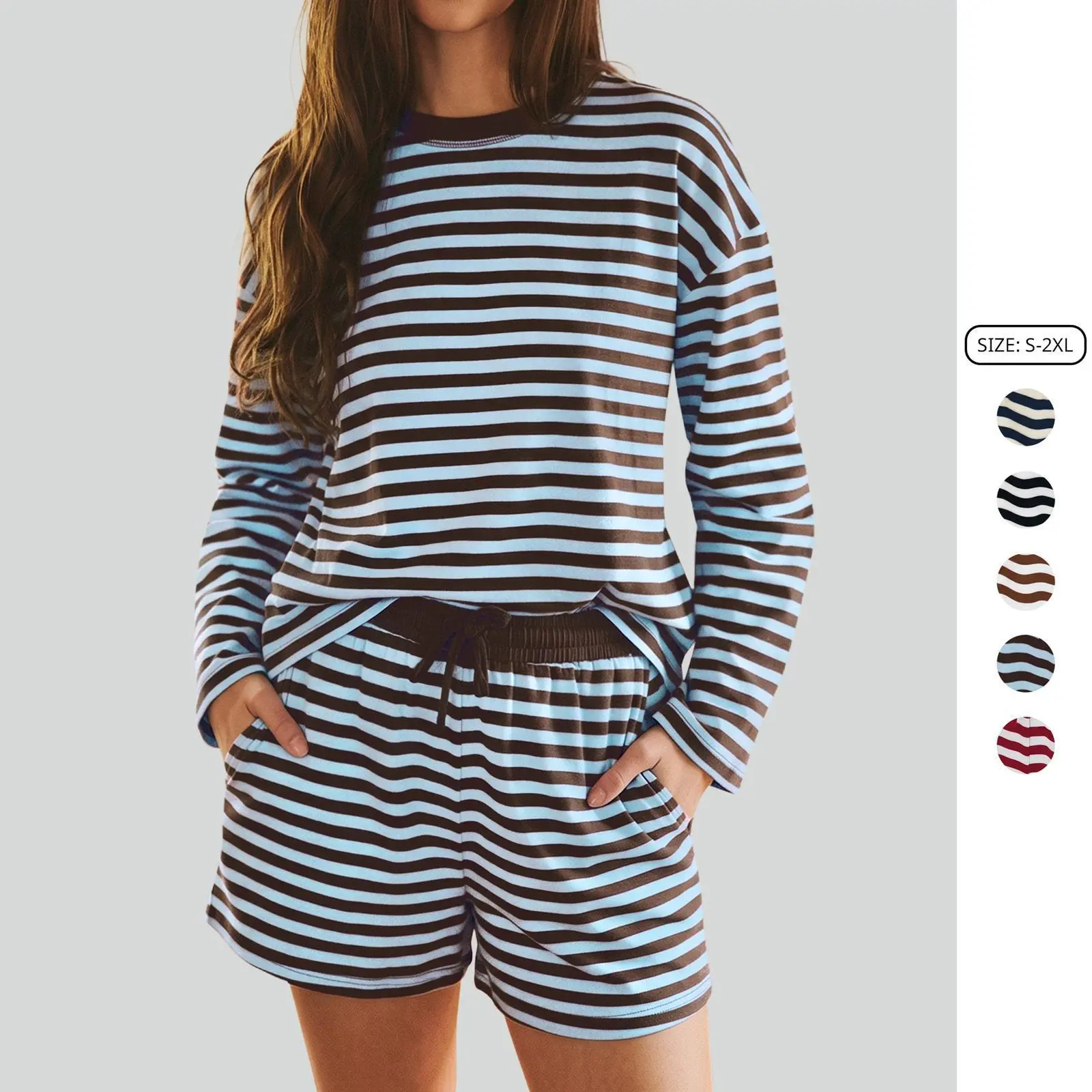 Imily Bela Retro Stripe Long Sleeve Shorts Loungewear Set Women Soft Cozy Oversized Matching Pajamas