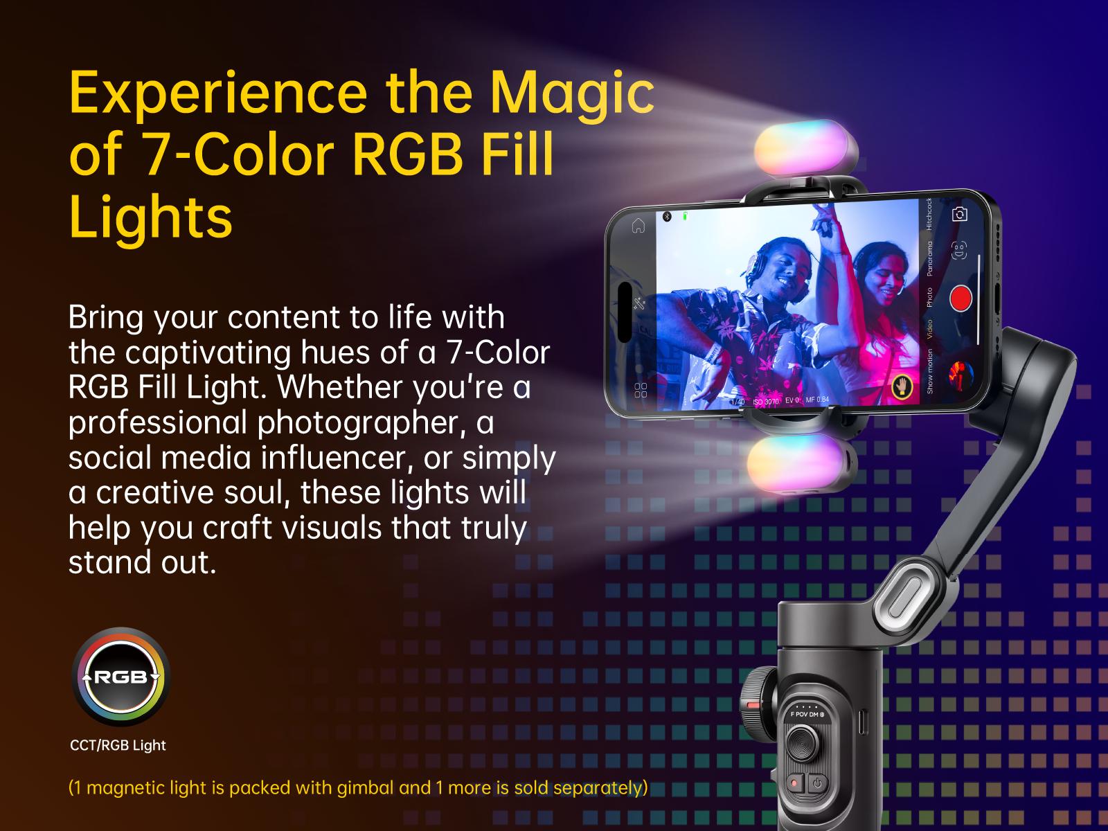 AOCHUAN 3-Axis Gimbal Stabilizer for Smartphone, Gimbal w/RGB Magnetic Fill Light Upgraded Face Tracking Focus Wheel Foldable iPhone Gimbal for iPhone/Android Phone gimbal Vlog Recording Smart XE-3