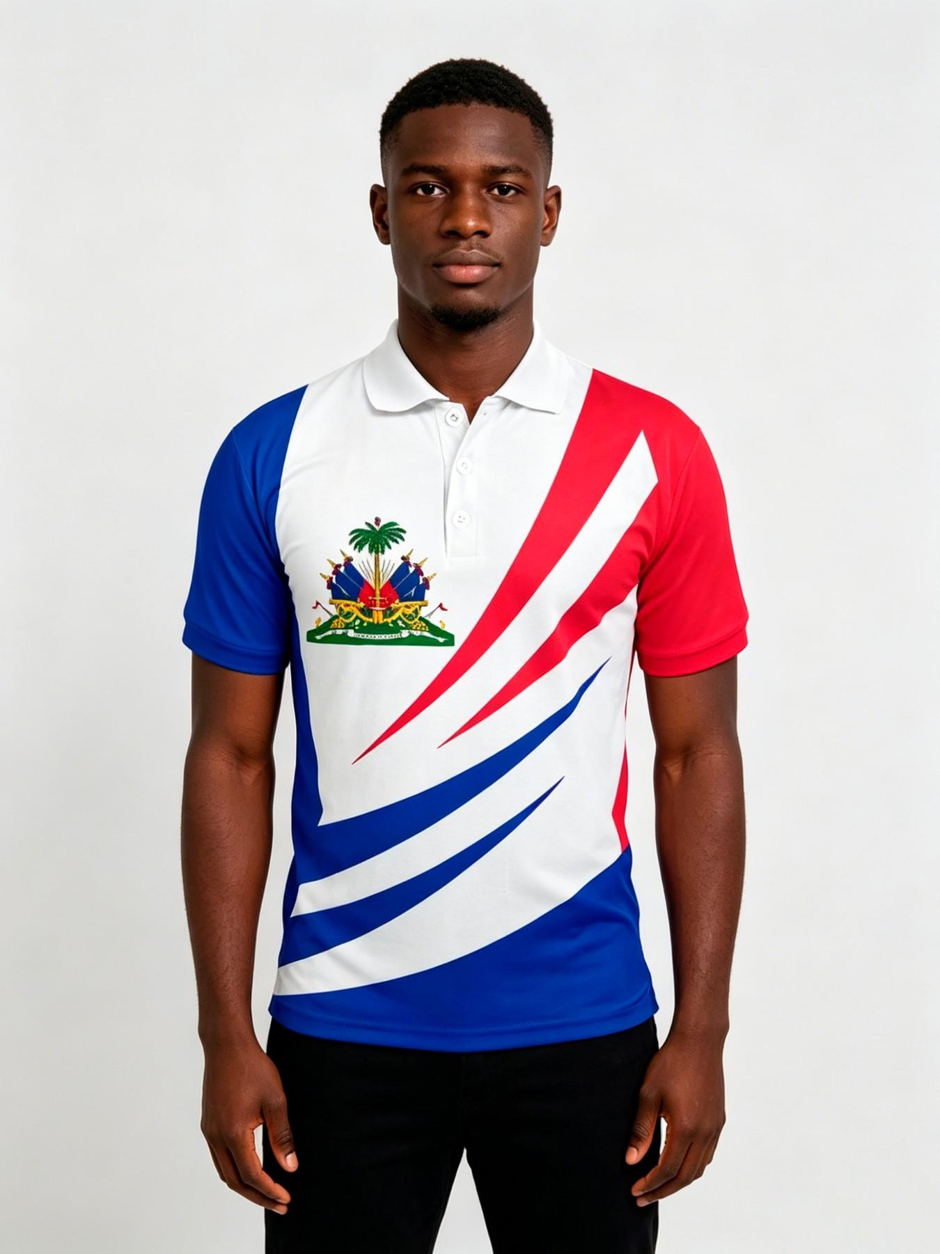 Summer Men's Tropical Colorblock Dopamine Full Print Street Fashion Polo, Collared Polo Shirt, Menswear, Haiti Flag Print Golf Shirt, Loose-Fit Casual All-Season Top, Printed Polo Shirts, Summer Polos