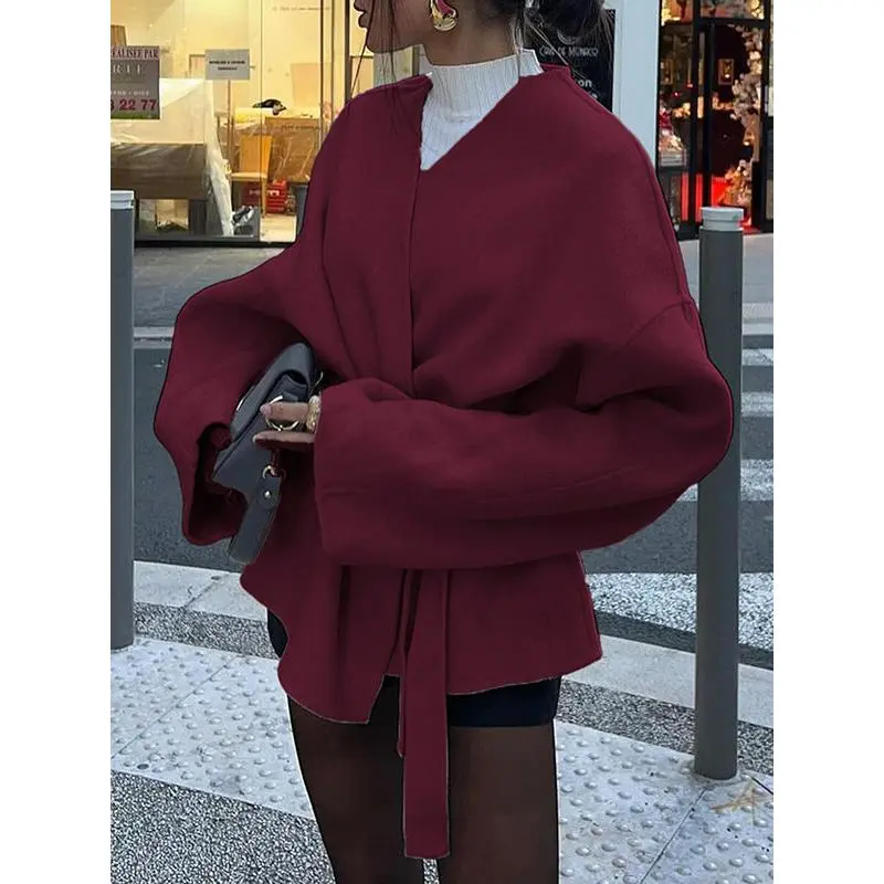 Women's V Neck Belted Wrap Coat Loose Long Sleeve Knit Cardigan Jacket Tie Waist Solid Color Casual Outerwear Spring Fall Winter Going Out Elegant Minimalist Streetwear Layering Top Soft Polyester Spandex Knitted Fashion Coat for Women Oversized