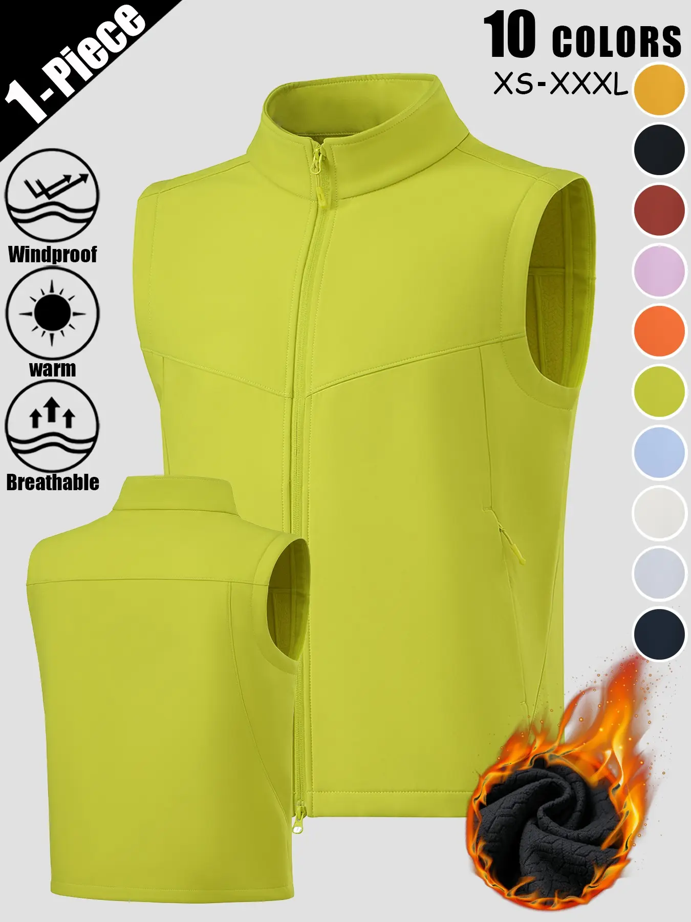 Unisex Fleece Lined Stand Collar Softshell Vest, Outdoor Vests, Windproof Warm Breathable Full Zip Outdoor Sports Vest with Multi Zip Pockets, Lightweight Comfortable All Season, 10 Colors for Daily Commute Outdoor Activities Travel