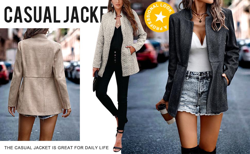 Chouyatou  Women's  Elegant  Casual Business Open Front Long Sleeve Notch Lapel Office Blazer Jacket Basic Womenswear SpringStatements