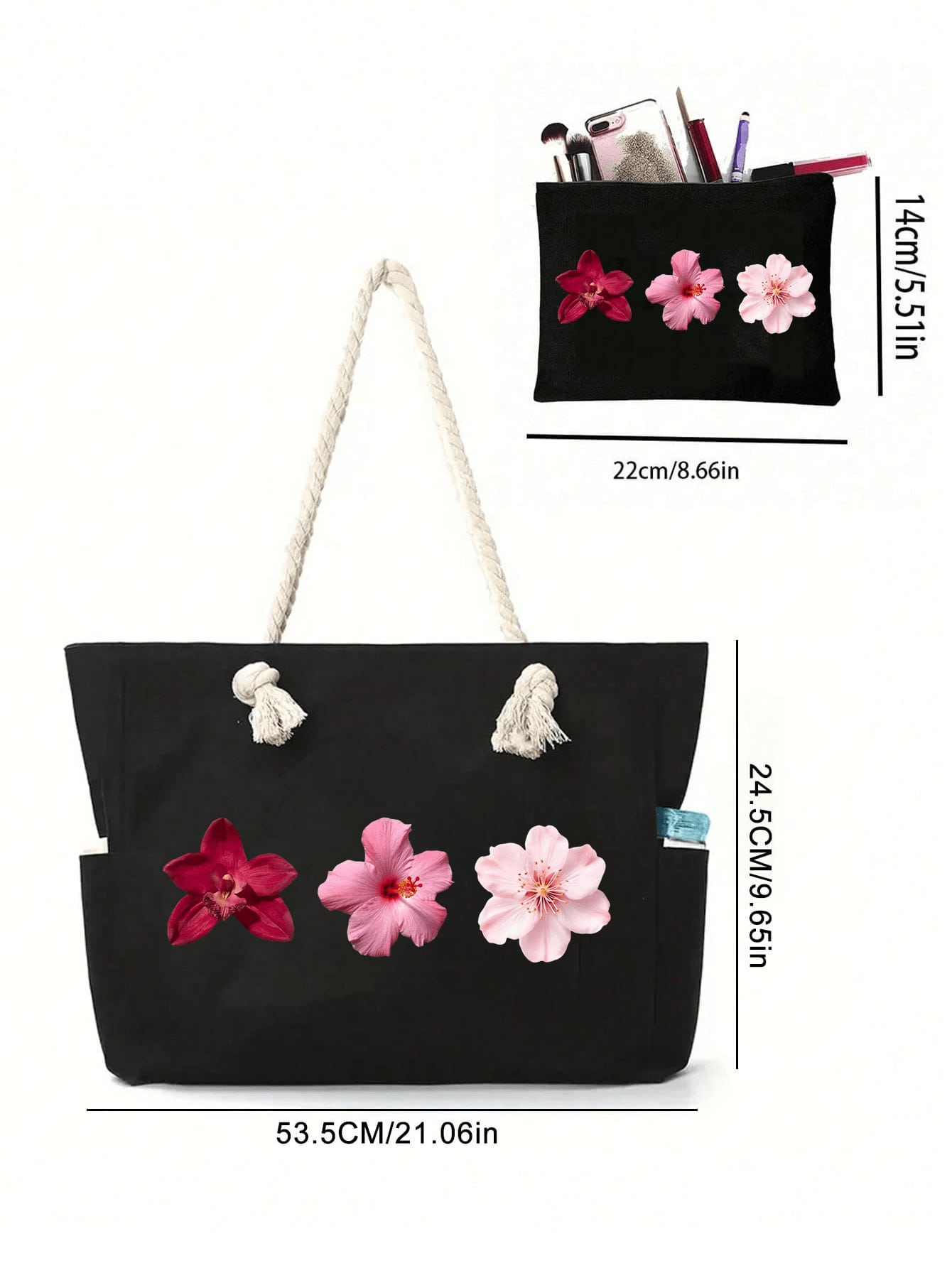 Sunflower, hibiscus, tropical flowers, egg flower handbag set - large capacity shoulder bag with side pockets and matching small storage bag, can be used as a travel handbag