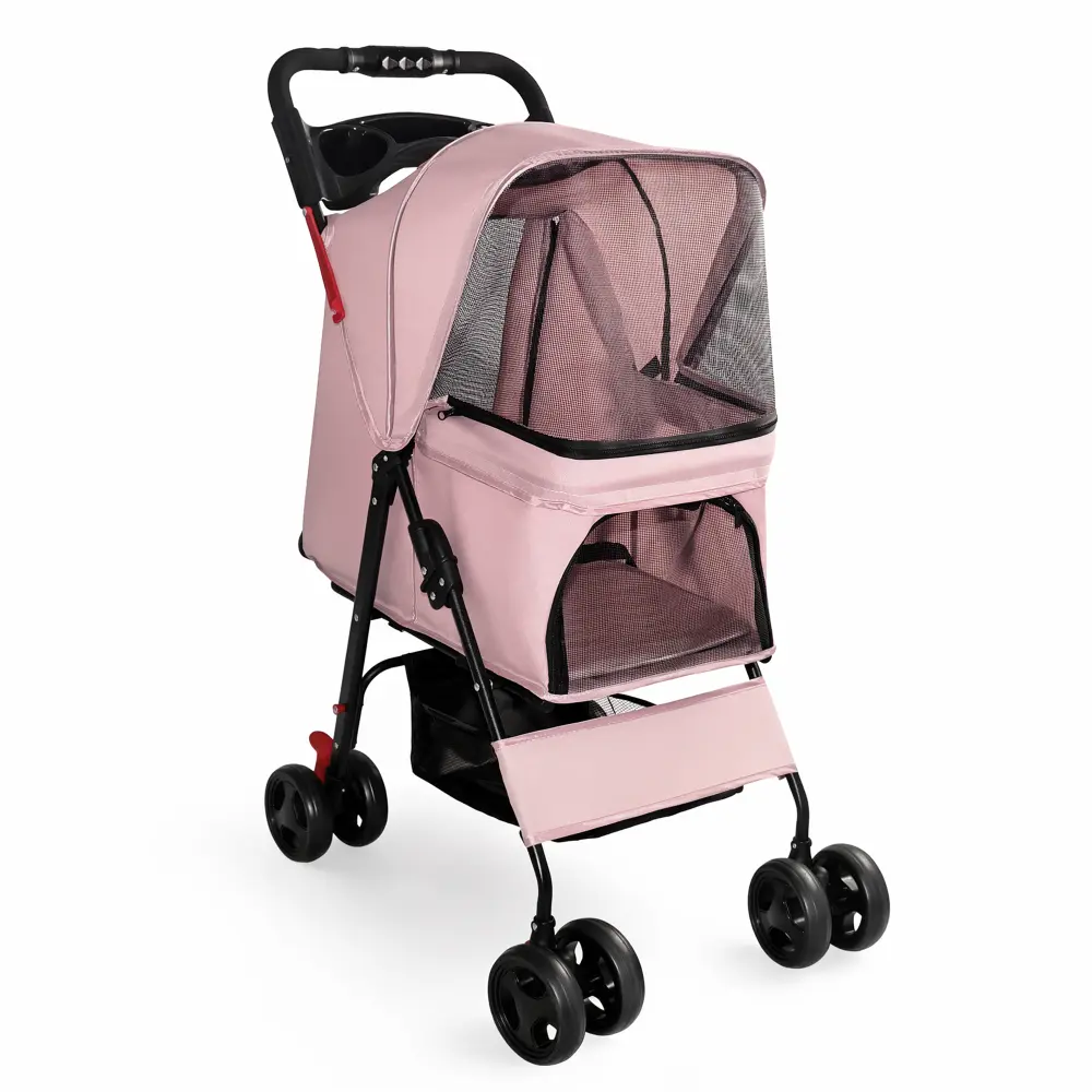 Foldable Pet Stroller for Small Dogs and Cats Under 28 lbs with Multi-Functional Tray, 2 Safety Leashes, Storage Basket & Breathable Mesh, 4 Wheels Pet Stroller, Pink