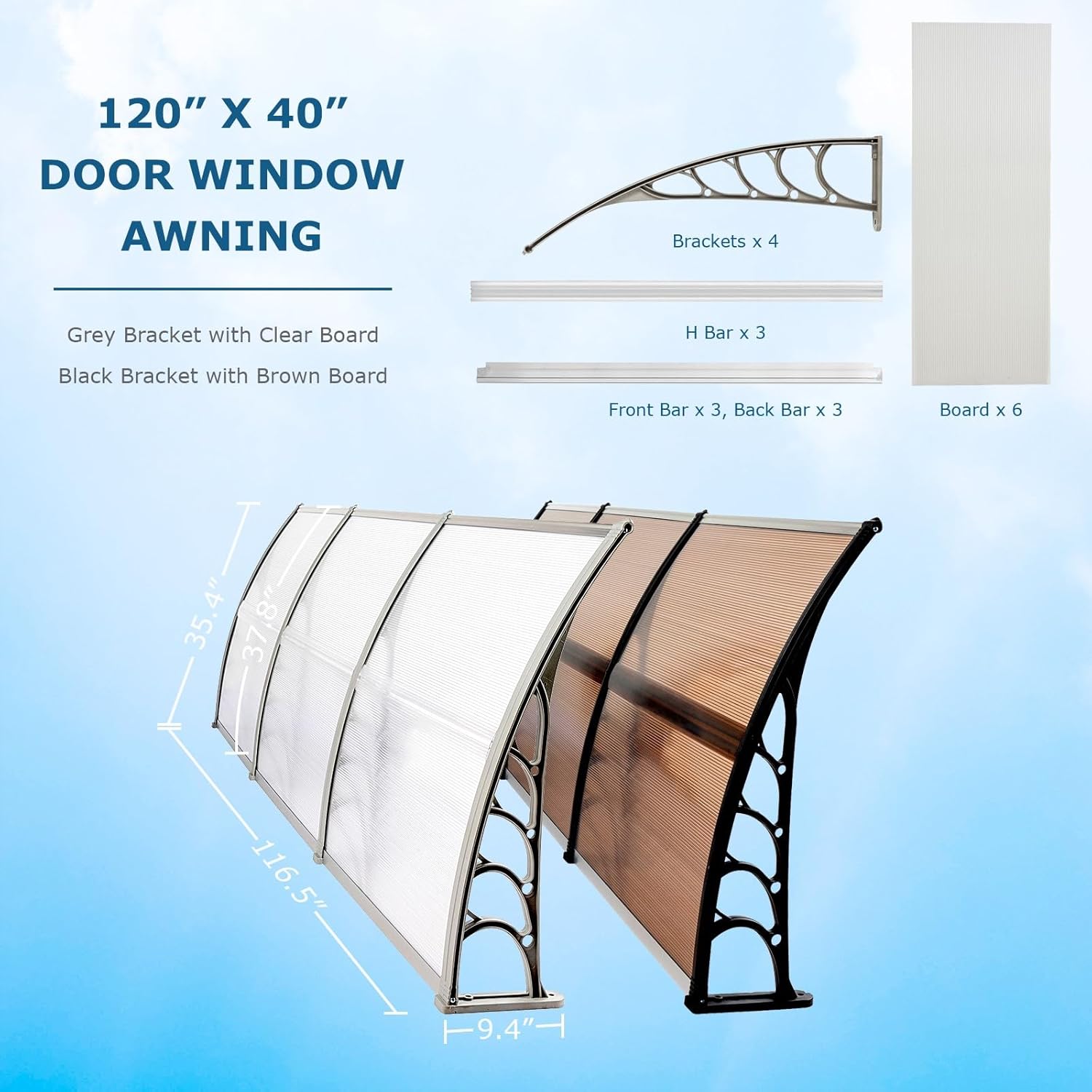 Window Awning Door Canopy, Modern Polycarbonate Front Door Canopy, Patio Awning Canopy Window Door Cover for Rain Snow Sunlight Protection Hollow Sheet (80" x 40", Brown Canopy/Black Bracket)