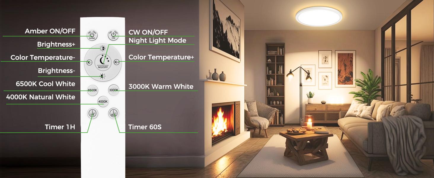 LED Ceiling Light with Night Light 1800K, 2 Pack Dimmable Ceiling Light Fixtures with Remote Control, Low Profile Lighting for Bedroom, Living Room, Kitchen