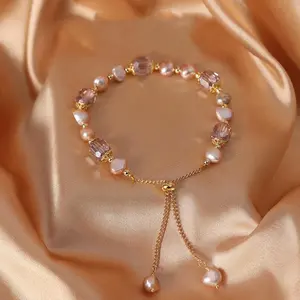 Elegant Pink Imitation Pearl Bracelets Exquisite Purple Crystal Beaded Adjustable Bracelets Bangle Female Wristband Accessories