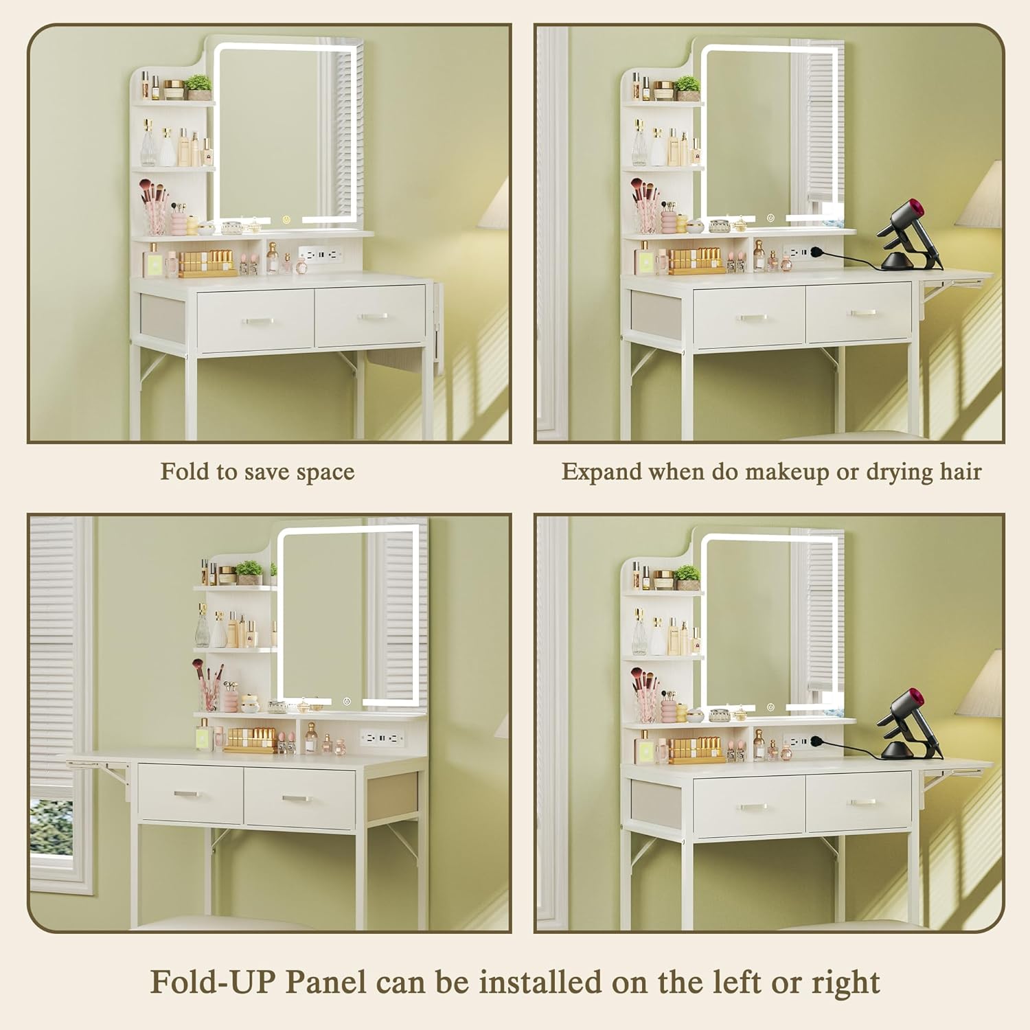 Makeup Vanity Desk with Mirror and Lights, Small Makeup Vanity with Fabric Storage Drawer & Chair & Shelves, White Vanity with Fold-up Panel and Power Outlet for Bedroom