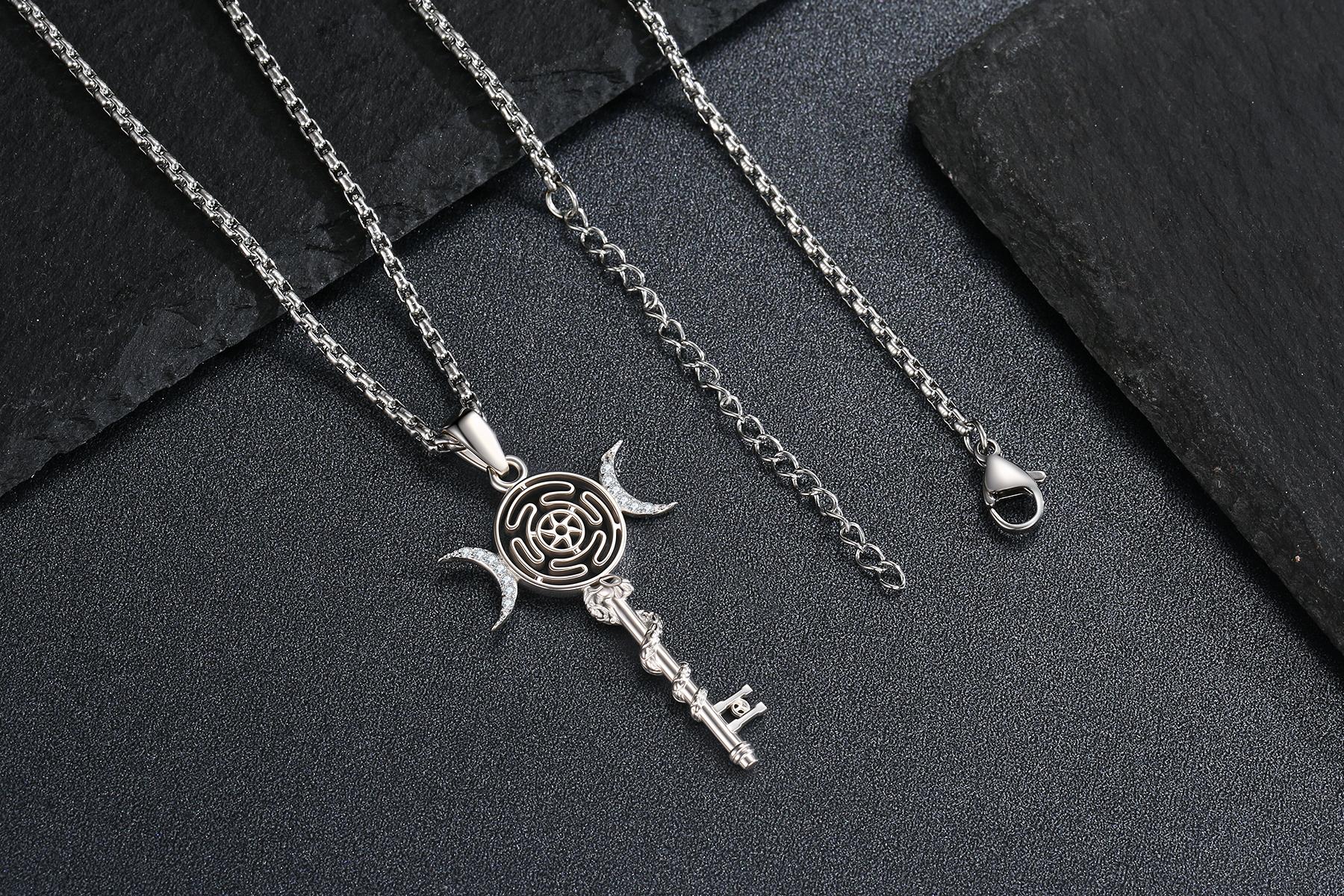 DRINSPER Hecate's Key Necklace 925 Sterling Silver Goddess of Witches of Magic Feminism Jewelry for Women Hekate Pendant Necklace Ancient Greek Mythology Night of Hekate The Ancient Origins of the Goddess of Witchcraft and Moon Amulet Jewelry