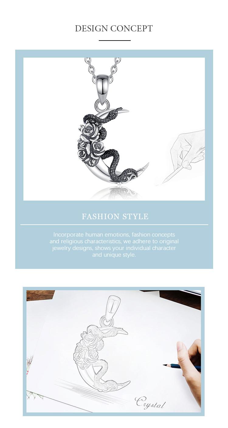 925 Sterling Silver Snake and Moon Pendant Necklace, Gothic Witchcraft Jewelry with Roses, Vintage Jewelry for Women